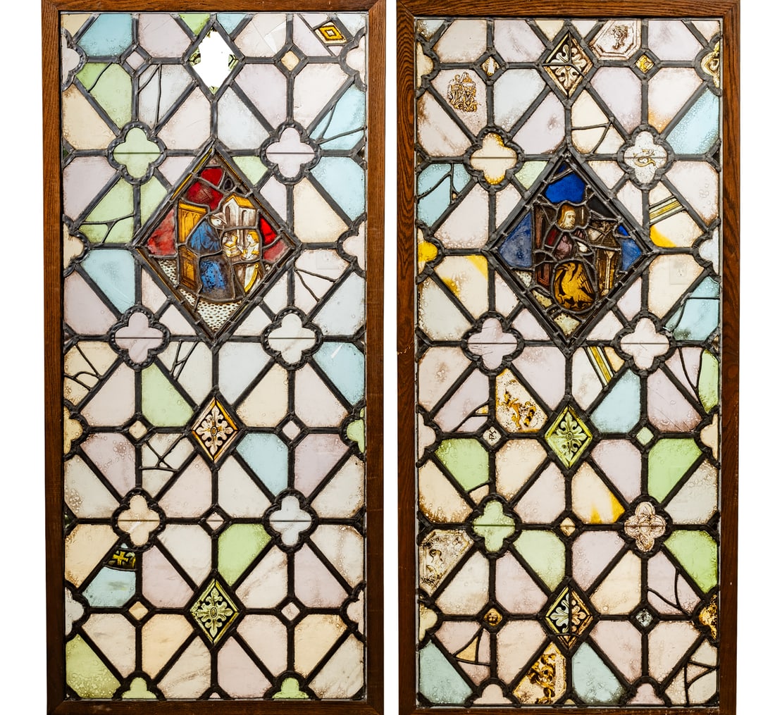 No Reserve: Pair Antique Gothic Stained & Leaded Glass Windows, 19th Century (1 of 8)