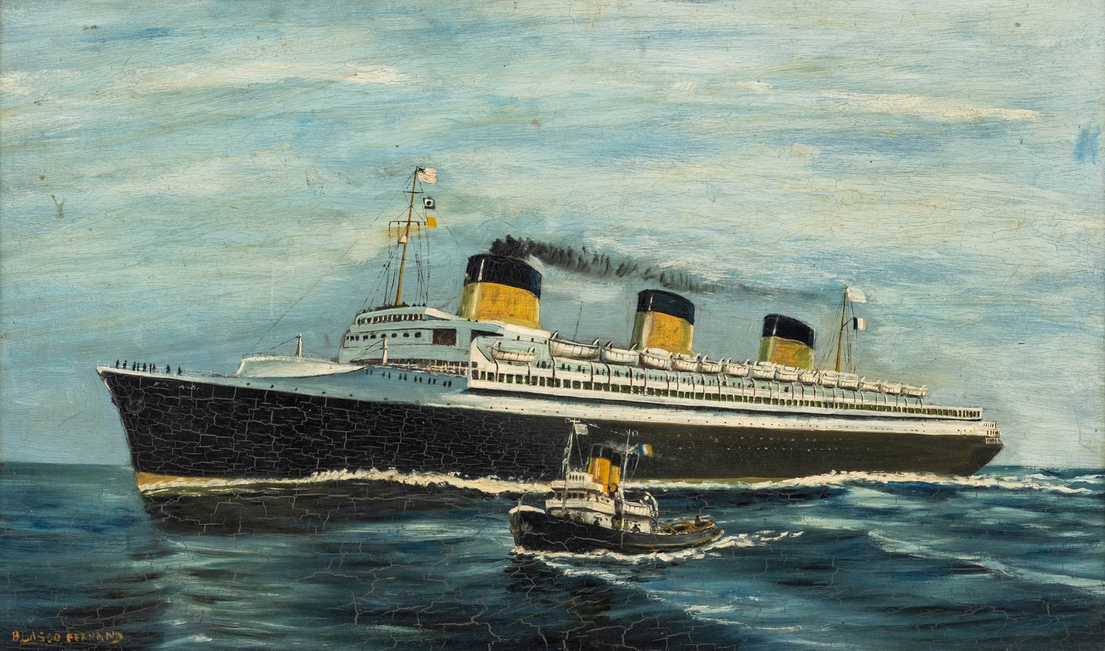 No Reserve: Blasco Fernand, Signed SS Normandie Ocean Liner Painting: Keywords: Ocean Liner, Maritime, Marine Painting, Steamship, Transatlantic, French Line, Compagnie Générale Transatlantique, Tugboat, Ship Portrait, Nautical, Art Deco, Blasco Ferrand, 20th Century 