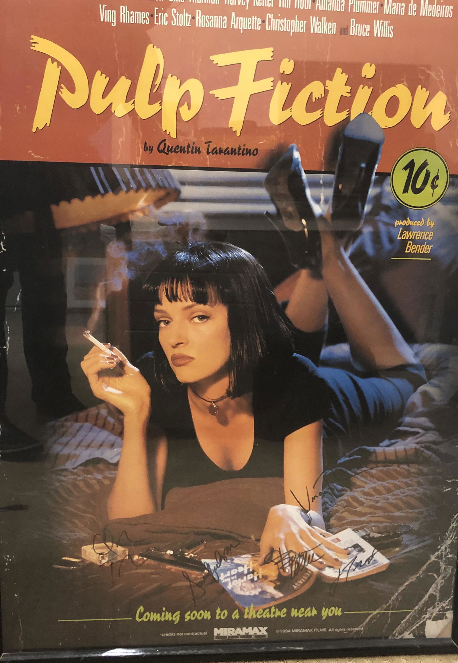 Cast Signed & Framed Pulp Fiction Original Movie Poster: An original framed Pulp Fiction Movie Poster signed by Quentin Tarantino, Samuel L. Jackson, John Travolta, Bruce Willis, and Uma Thurman is up for auction. Sizezed 27x40 and comes with a COA from Sho