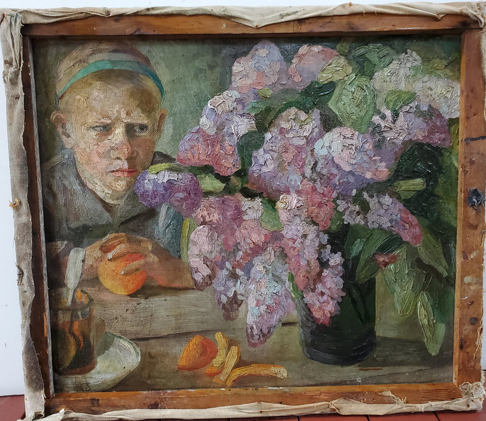 Two-sided Russian Painting, (Later Soviet and an: An old impressionist painting (late 19th century) on the inside was re-used to make for a canvas that was painted with the portrait of a later sailor. The earlier painting is of particular interest. S