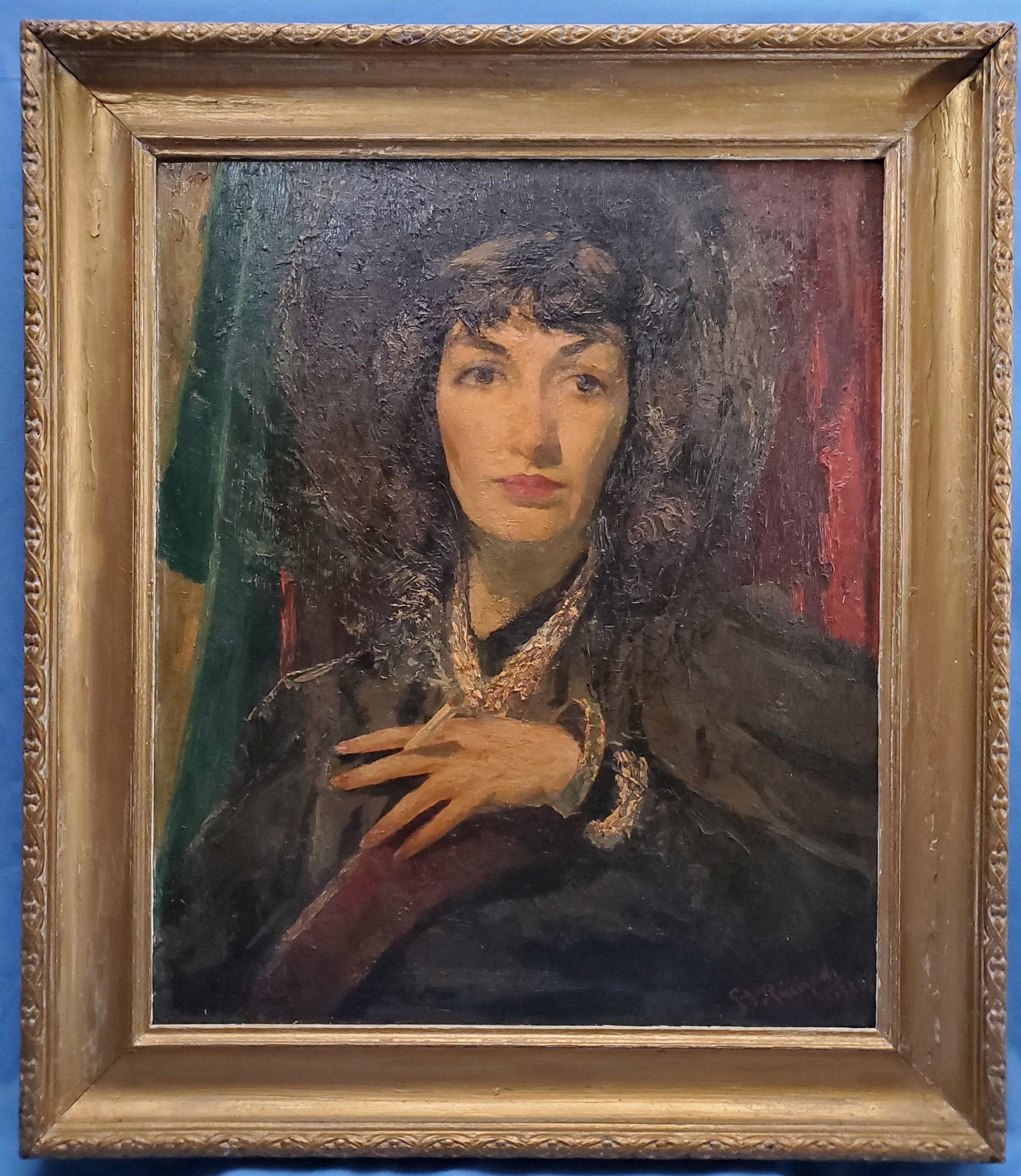 Femme Fatale, signed WPA Oil o/c Painting: Signed and dated Ricciardi 1938, a fantastic oil on canvas portrait of a woman wearing a hat, jewels and cigarette in her left hand. A typical portrait icon of her times framed, in good condition. Siz
