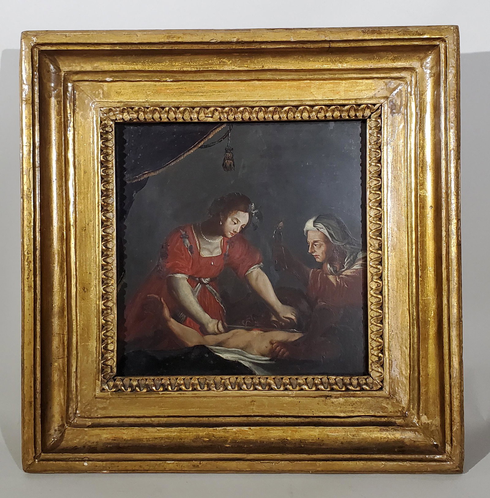 Old Master Painting on Slate: Old Master painting painted on prepared (slate) black stone, a common practice of Renaissance painters, with the Biblical scene of Judith and Holofernes, one of the Bibleâ€™s commonly depicted mo