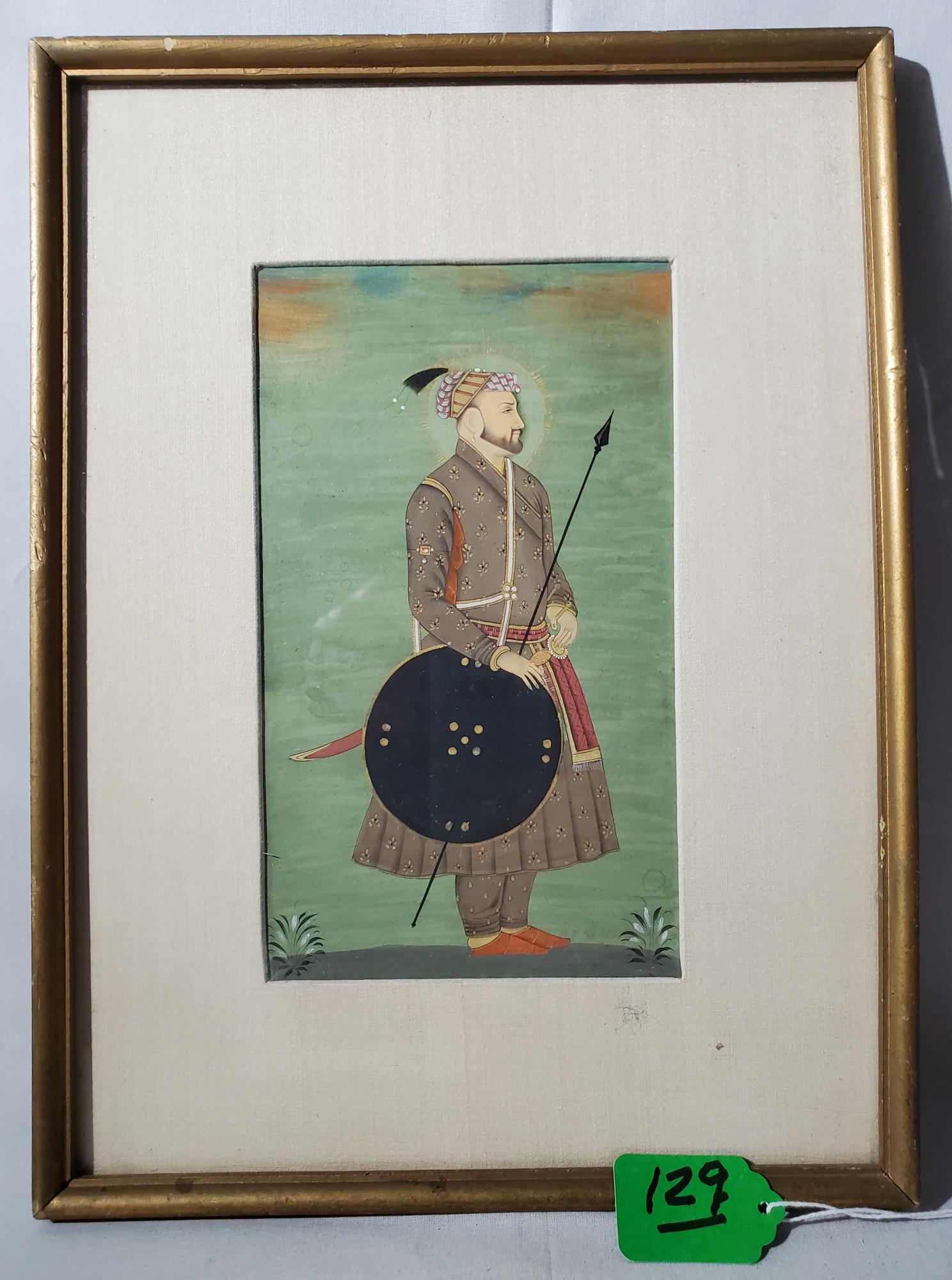 Mughal Miniature of a Prince: A fine Mughal miniature of a standing warrior Prince, possibly 17 th //18 th Century 7 ¾ inches x 4 ½ inches image and 12 ½ inches x9 ¾ inches with frame.