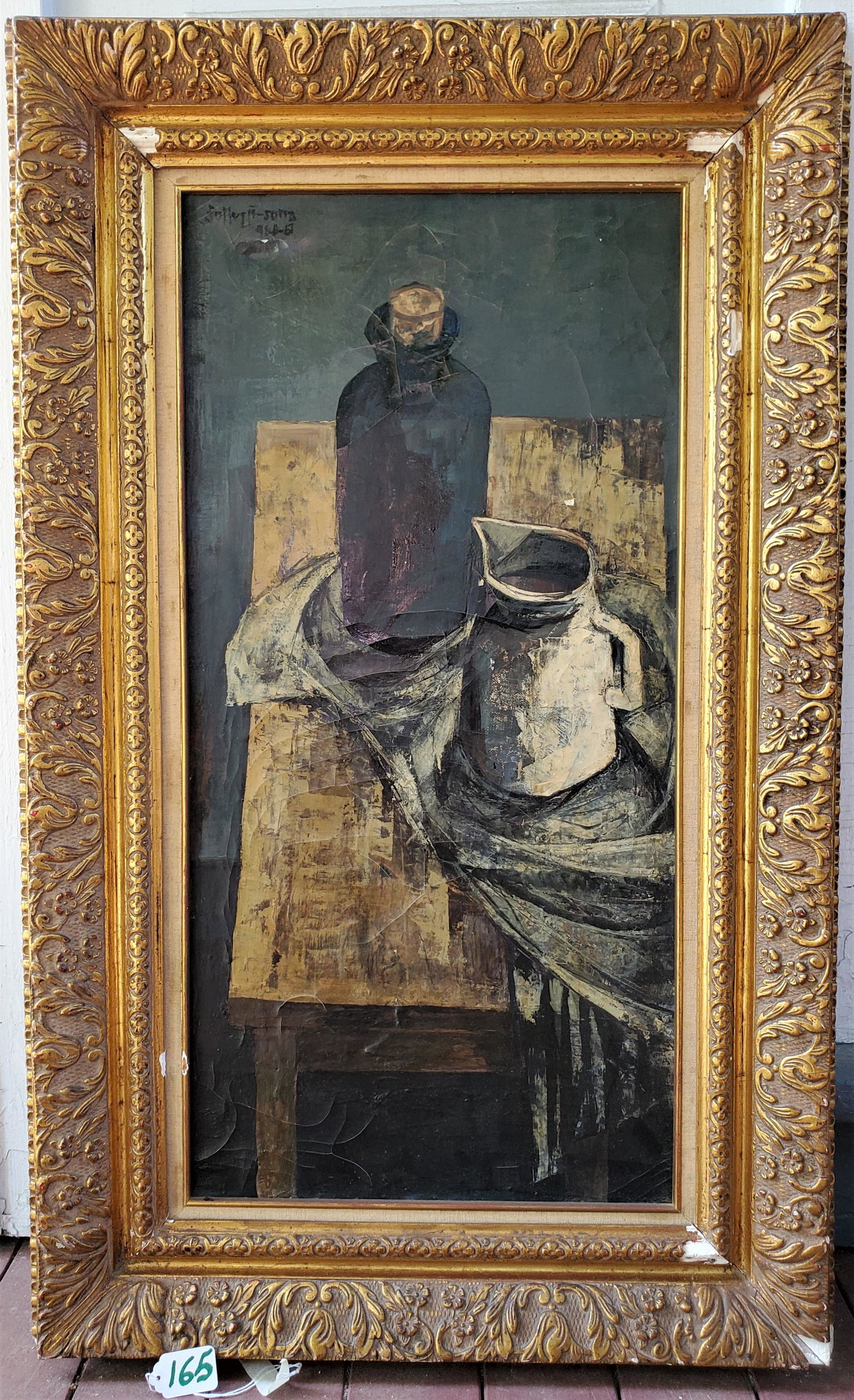 Abstract Cubist Painting: Abstract Cubist painting, still life, framed, signature upper left and dated, with annotation on the reverse (â€¦) Lazlo. Hungarian Korsoval (?) 28 x 14 inches