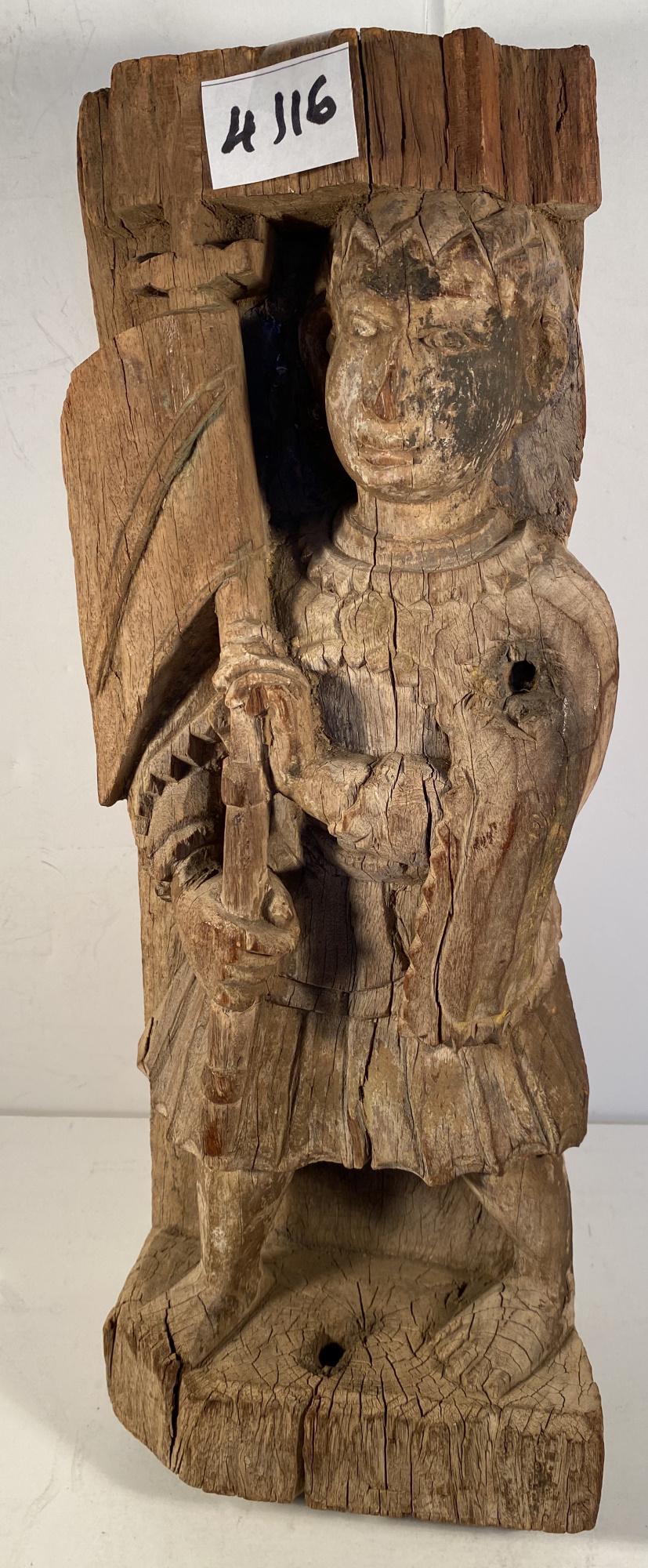 Goan Colonial India Carved Wood Saint w/ Banner (1 of 8)