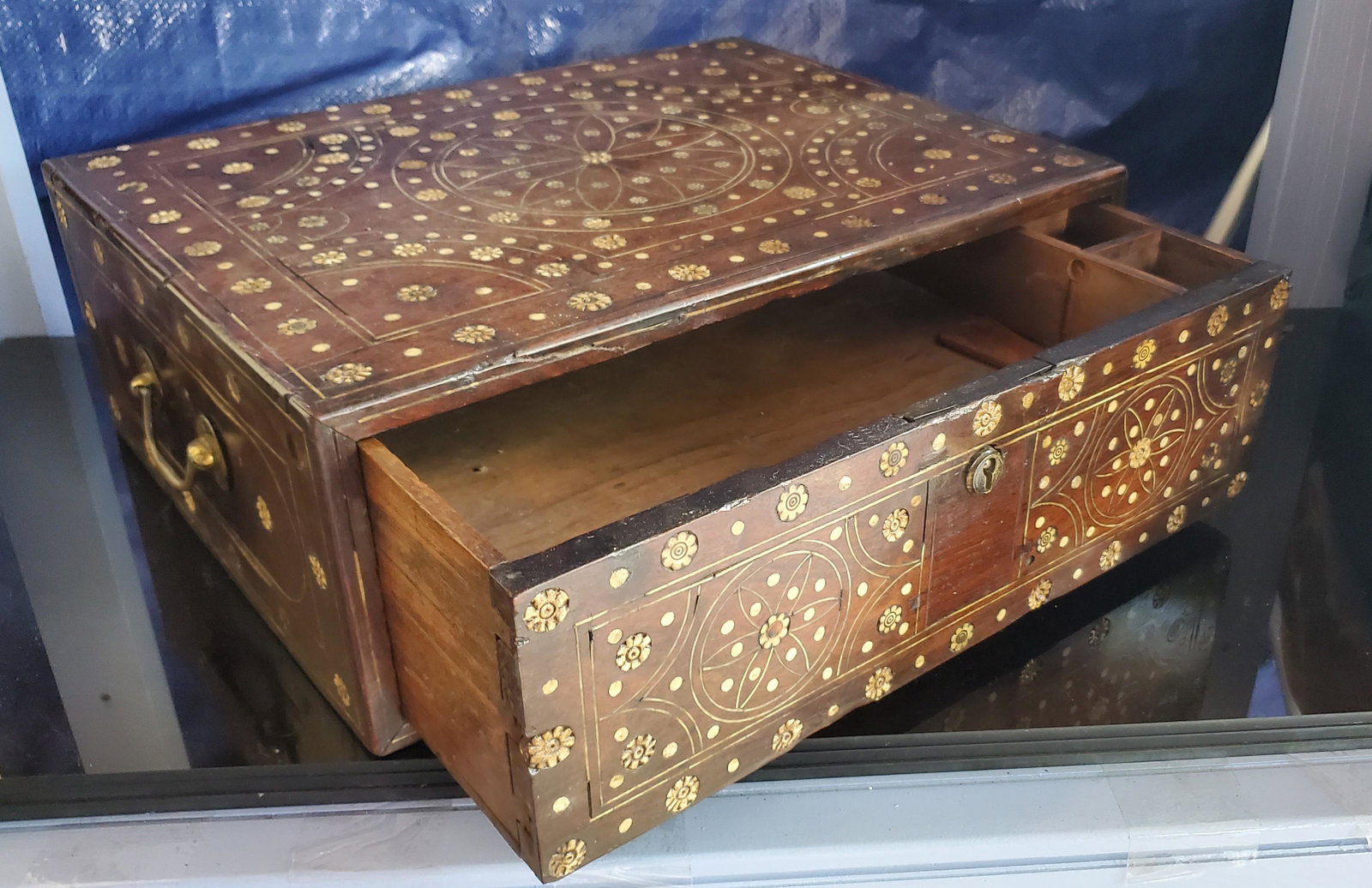 Anglo-Indian Box w/ Inlay: Anglo-Indian box, 18 th Century with extensive inlays in geometric designs and rosettes a very attractive, interesting and old piece.Size: 5 1/2 H inches x 15 1/2 long x 12 in depth