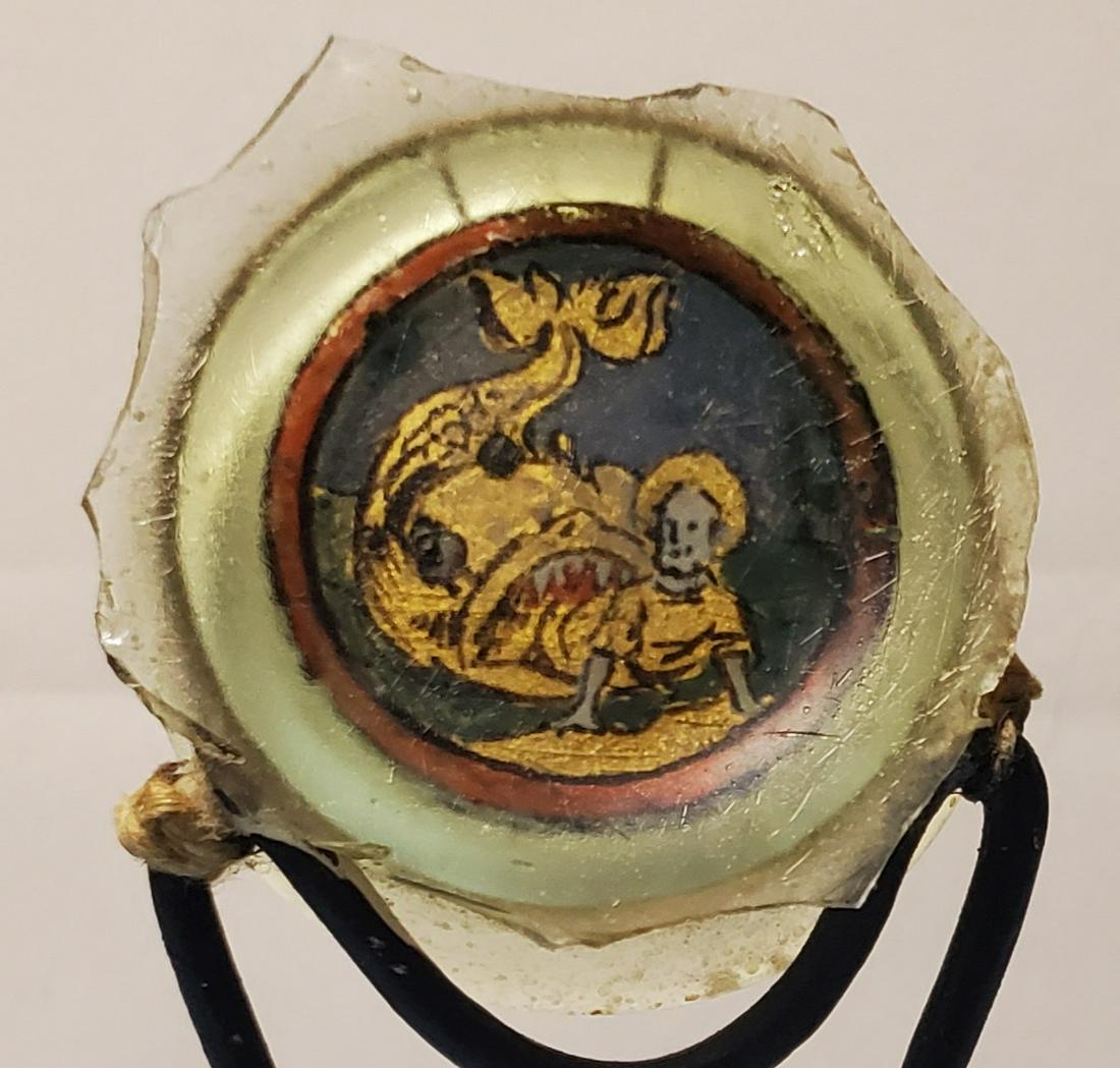 Glass Fragment with Biblical Scene: Rare Glass, Encased painting. From the private collection of a Cambridge, MA collector, very interesting, encased glass fragment of the bottom of a drinking cup, painted in the interior with the bibli