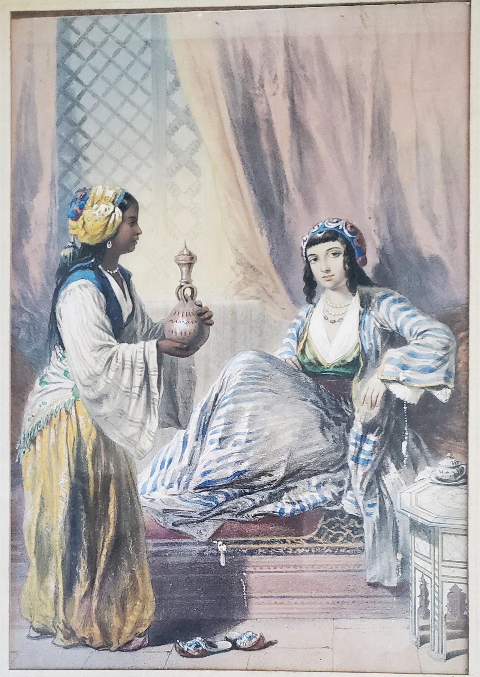 Greek woman in the Ottoman Sultan's Harem: Or "The Sultan's favorite" watercolor and gouache possibly over litho of a Greek lady in the Haren in Old Istanbul, framed, circa 1820 13 ¼ in. x 9 1/8 in. sight.