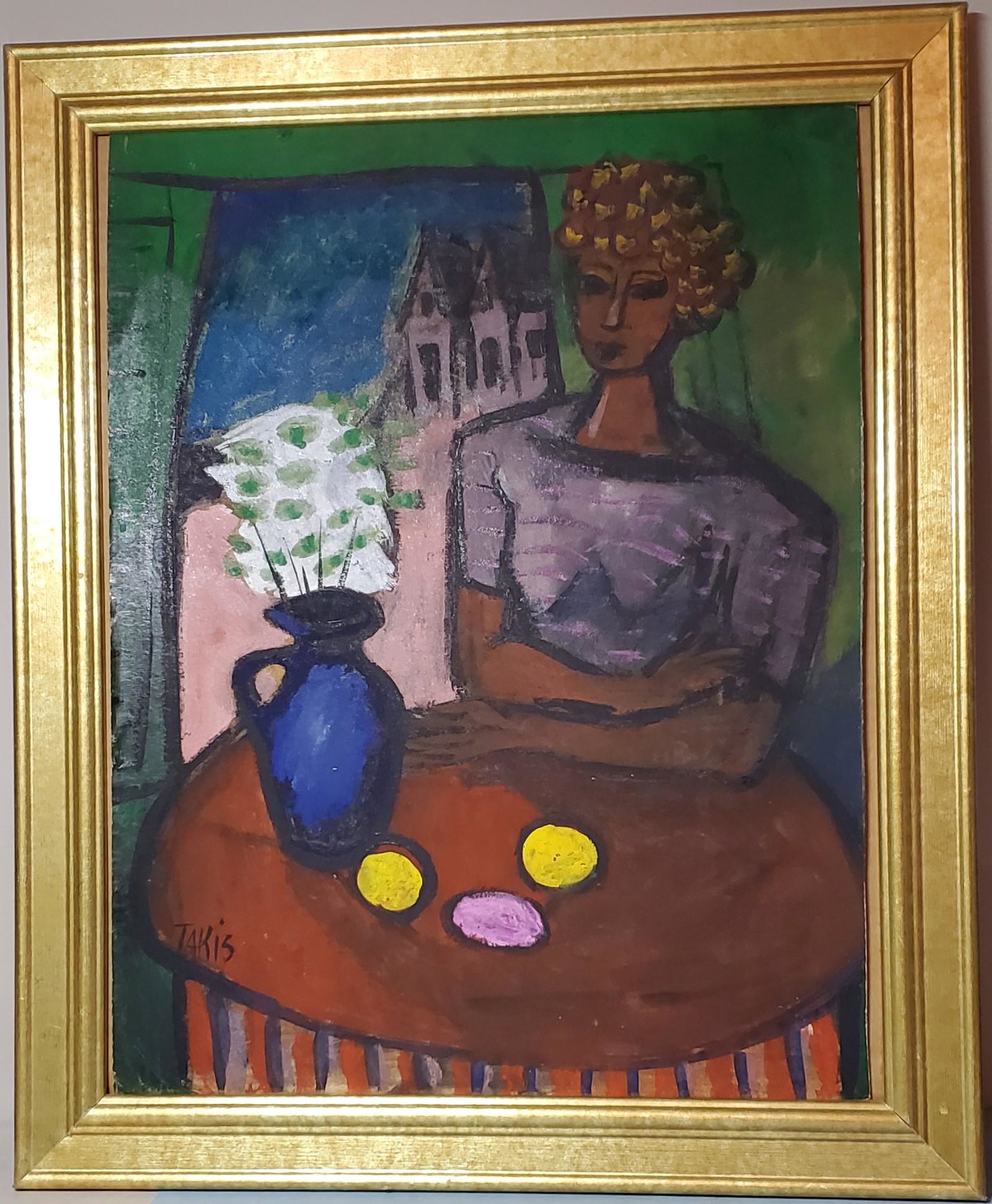 Painting of Young Woman by N. Takis: Takis (Nicholas Takis, 1903-1965, American) Painting of Young Woman by a Window with a vase of flowers, executed in 1945.20 x 16 approx.