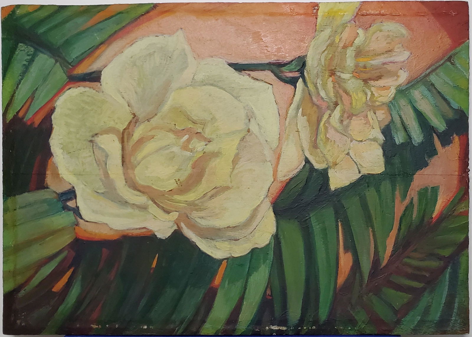 Painting attrib. to Jane Peterson: Jane Peterson (attrib.) White Flowers ln a Tropical Landscape, painted on thin wood board, signature on the back. This painting relates strongly to one by Jane Peterson of Yellow Lilies sold by Herita