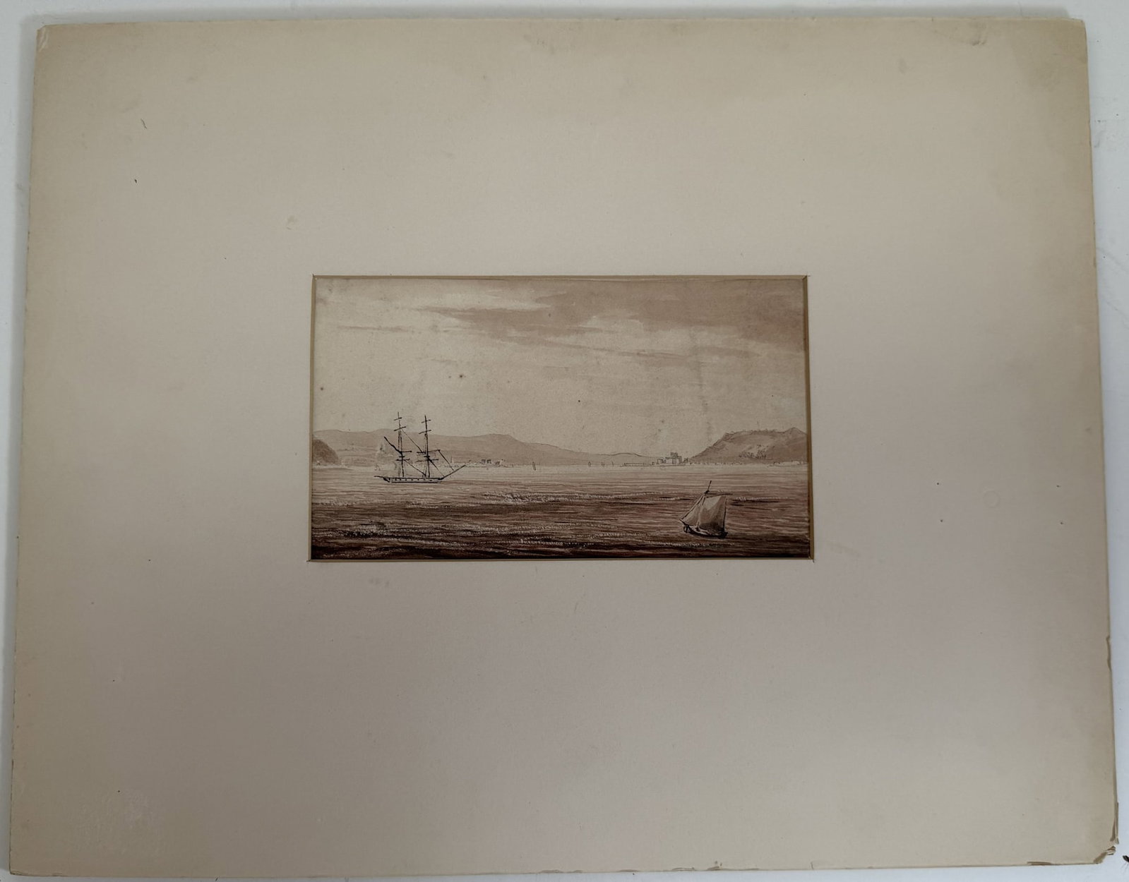 Attributed to Ivan Aivazovsky, (Russian 1817-1900), The Dardanelles, a Seascape, Sepia Ink on Paper: From a known series of similar drawings illustrating sights from the Black Sea, unsigned, Inscribed “the Dardaneles” to the lower edge, the inscription is covered by the current mat. Tradi