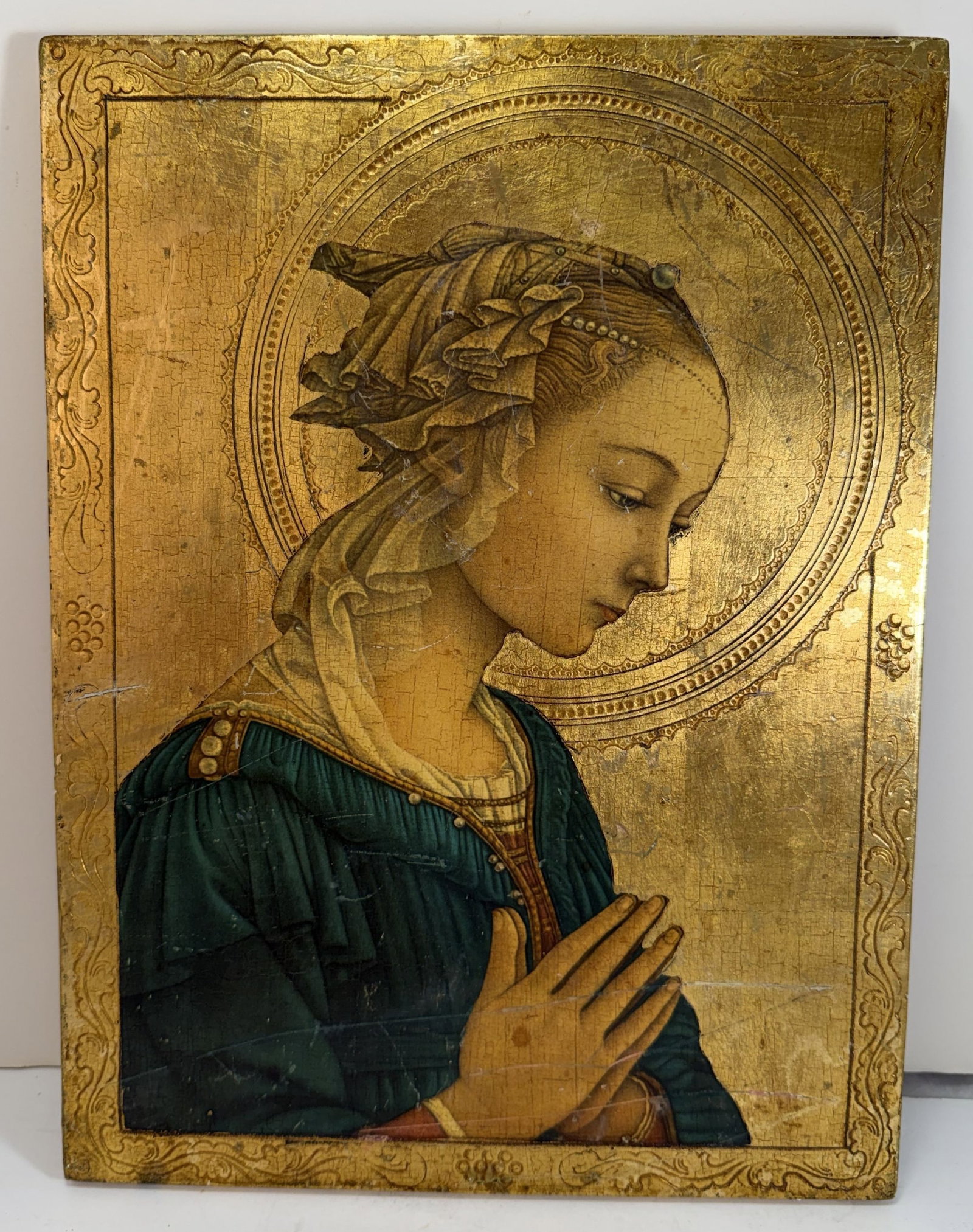 Renaissance Style Decorative Wooden Panel After Fra Filippo Lippi: With a gilt ground and a print affixed to the surface. 15 5/8 by 11 3/4 inches, Depth: 1/2 inch. Weight: 1 lb. 8 oz. This item is at our New York location.