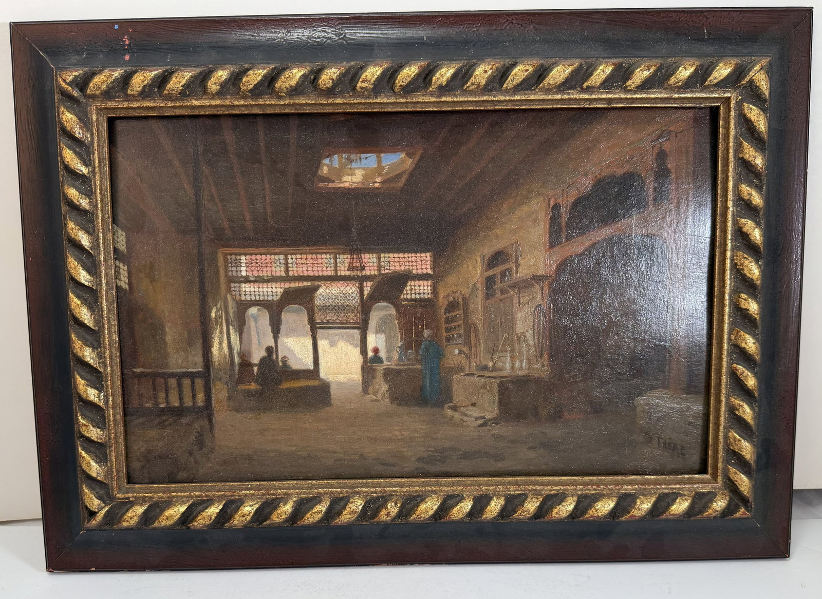 Charles Theodore Frere (1814-1886), Souk Market, Oil on: Signed to the lower right corner TH. FRERE, the TH slightly indistinct. Image size 8 1/4 by 13 1/4 inches, overall 12 1/2 by 17 3/4 inches, Depth: 1 3/8 inches. Weight: 2 lb. 10 oz. This item is at ou