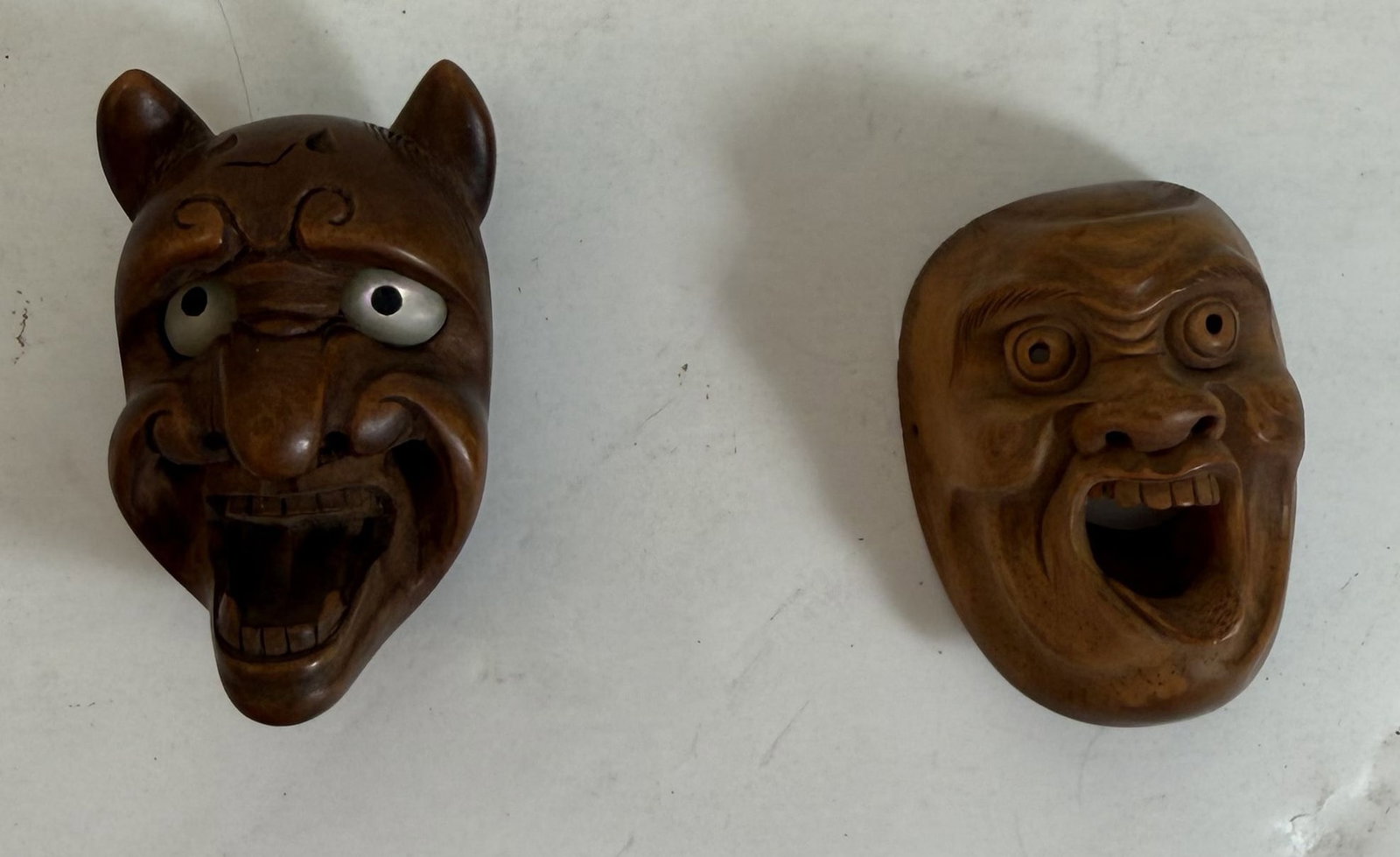 Two Japanese Carved Wood and Shell Netsuke and Mask (1 of 3)
