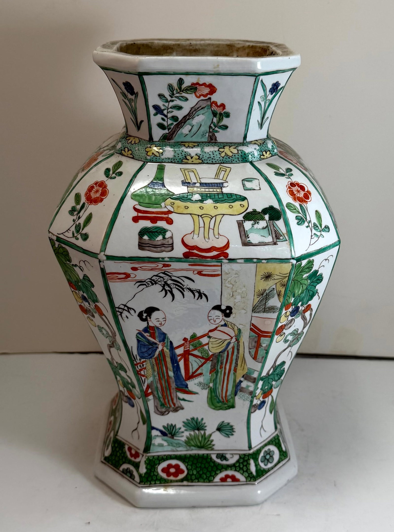 French Samson Porcelain Vase, 19th Century: With a company mark on the underside, drilled on the underside, the body of the vessel with some glaze flaking, with a chip on the lip. Height: 12 1/4 inches, Width: 7 1/4 inches, Depth: 7 1/4
