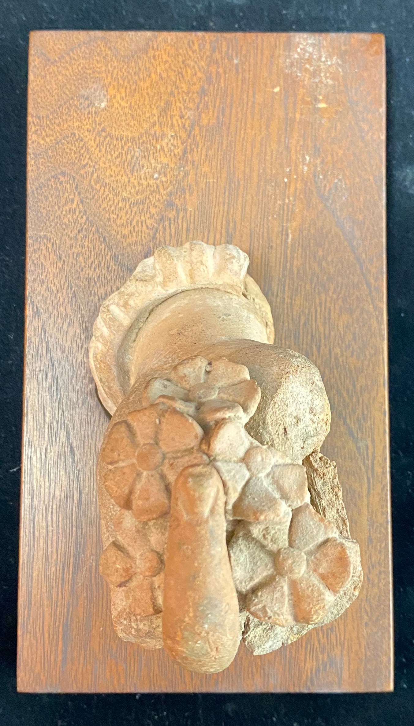 Ancient Roman Terracotta Hand with Violets, 1st/ 2nd Century: A fragment of a terracotta hand grasping violets mounted on a wooden panel. Violets symbolize fidelity, modesty and affection, some cracks, losses and repairs. The terracotta length: approx. 3 1/2