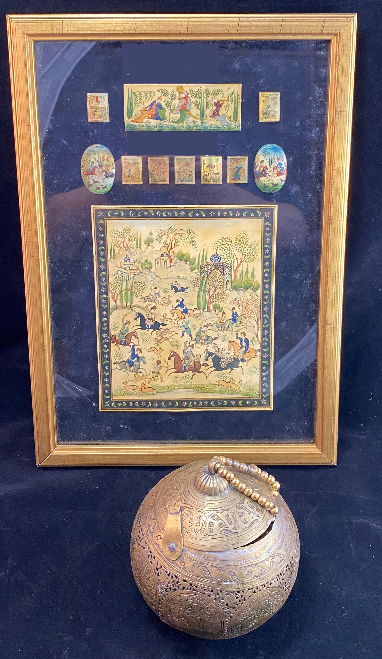 A Persian Bronze Hanging Lamp, 19th Century and a Persian Set of Miniature Paintings: The lamp spherical in shape, with pierced sides and a cover, the sides engraved with various figures and with flower blossoms. Some of the paintings on shell, depicting warriors or figures in a garden