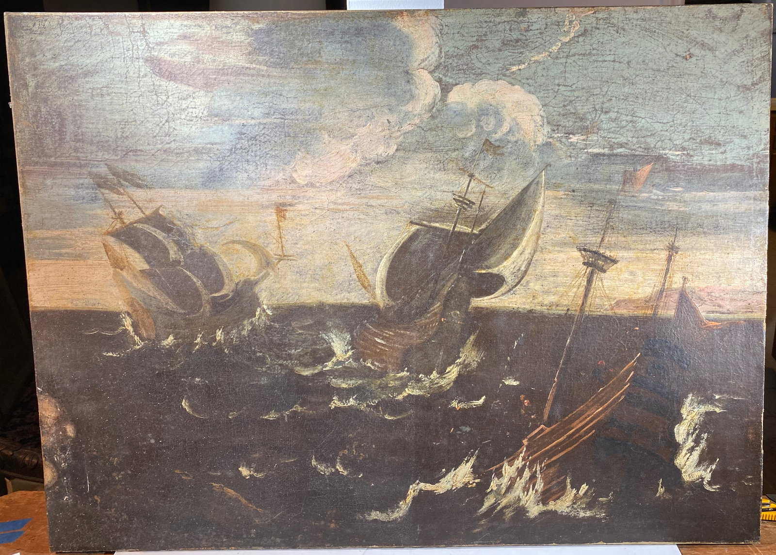 Maritime Scene with Masted Ships, Oil on Canvas, 18th / 17th Century (1 of 4)