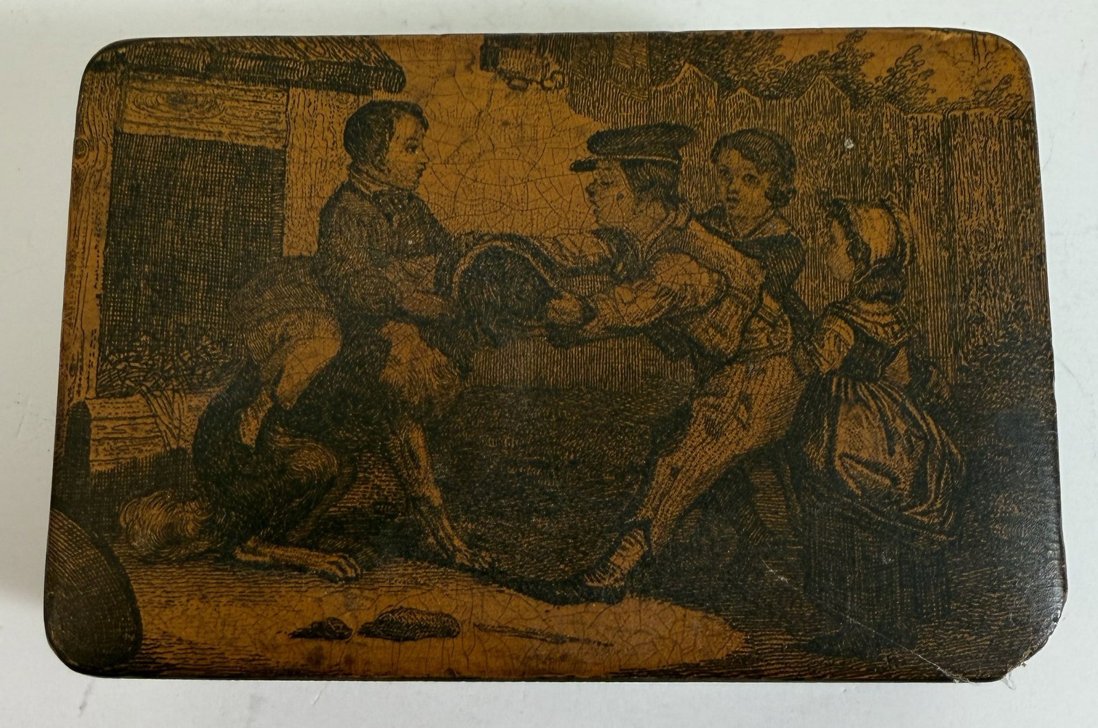 Victorian Papier Mache Box with Hinged Cover: Some chips along the edges, wear as expected with age and use. The cover 2 3/8 x 3 5/8 inches, height 1 1/4 inches. Weight: 2.5 oz. This item is at our New York location.