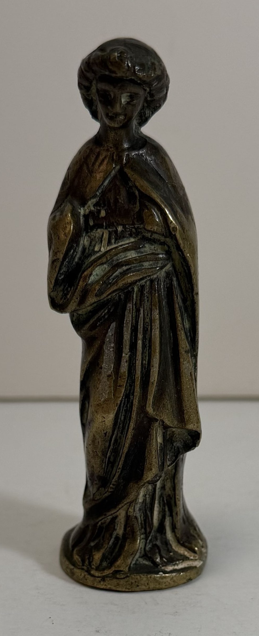 Gothic Style Bronze Figure of a Saint: 4 1/4 x 1 3/8 x 1 inches. Weight: 13.3 oz.