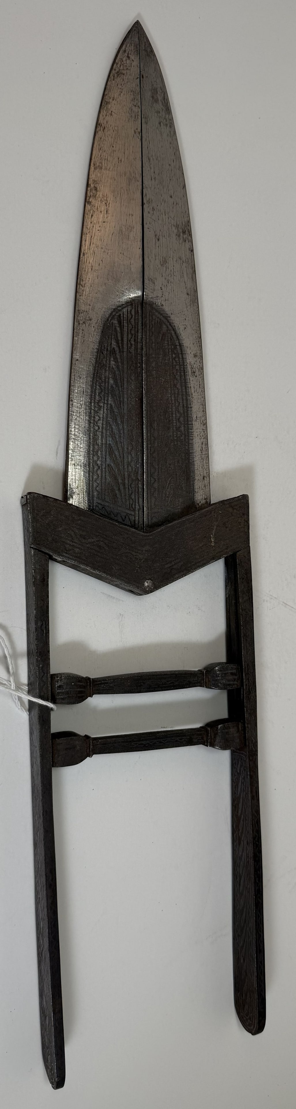 Indian ‘Scissor Katar’ Dagger, probably late 19th Century: The handlebars are squeezed to revel another solid blade, with silver damascene decoration on the blade and handle. Length: 16 3/4 inches, Width: 3 5/8 inches, Depth: 7/8 inches. Weight: 1 lb. 7 oz.