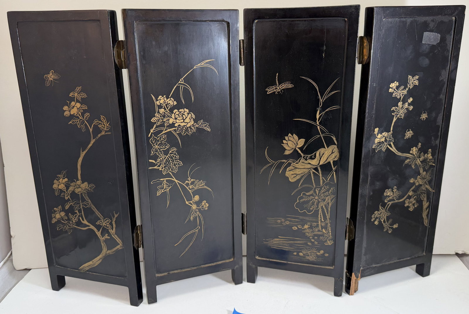 Chinese Inlaid Black Lacquer Four Panel Table Screen (1 of 4)