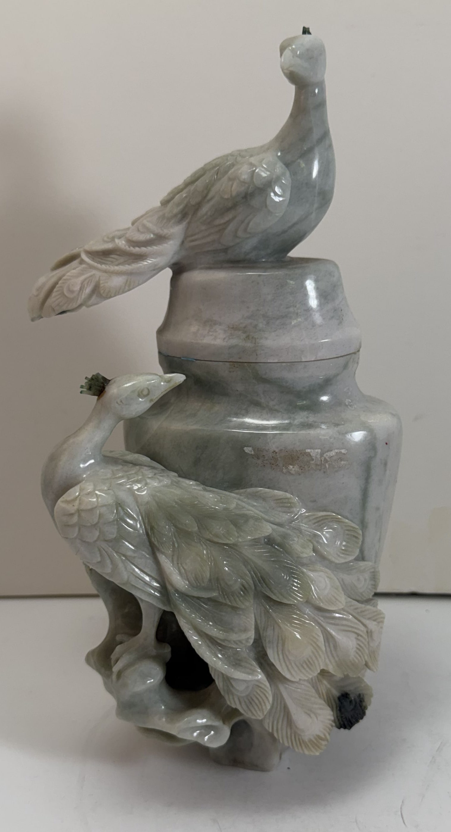 Chinese Jade Carved ‘Peacock’ Vase and Cover (1 of 4)