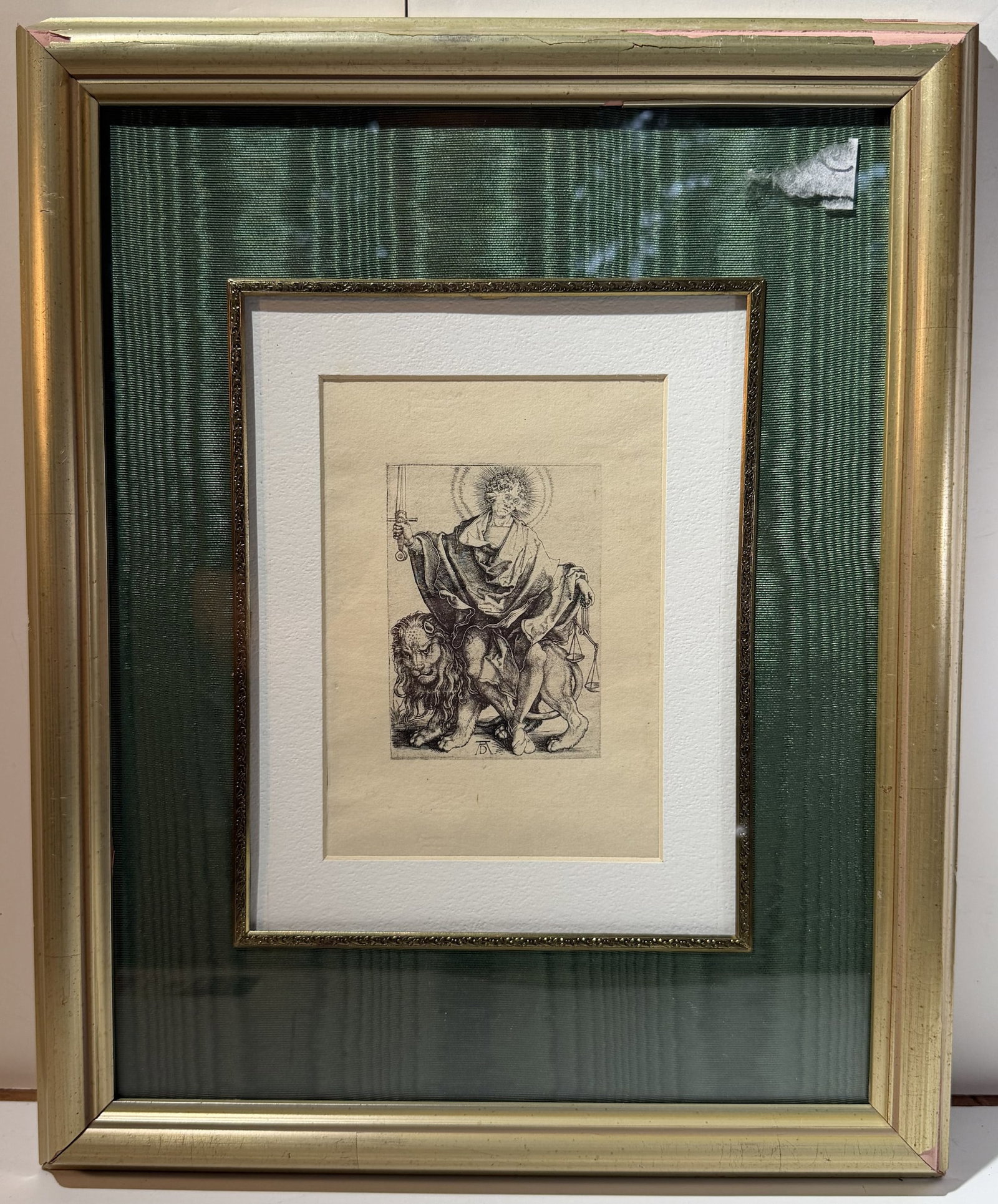 After Albrecht Durer, St Mark the Evangelist, Etching: Framed, St. Mark shown seated on a lion and holding a sword and scales, center bottom initialed ‘AD’ in the plate. Image size 6 3/4 by 4 5/8 inches, overall 16 1/4 by 13 inches. Weight: 2 lbs. 8