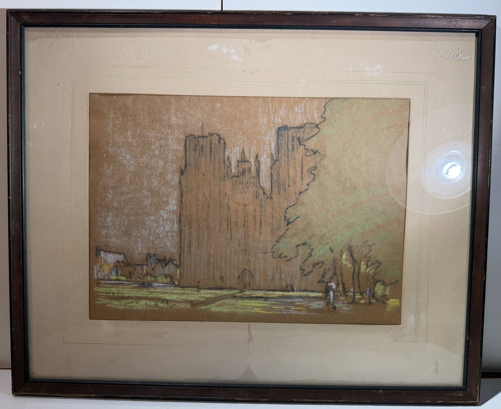 Indistinct Signature, Charcoal and Chalk on Paper, Modernist Landscape with Cathedral: Indistinct inscription to the lower left corner, early 20th Century. Image size 10 by 14 inches, overall 17 by 21 inches. Weight: 4 lbs. 3 oz. This item is at our New York location.