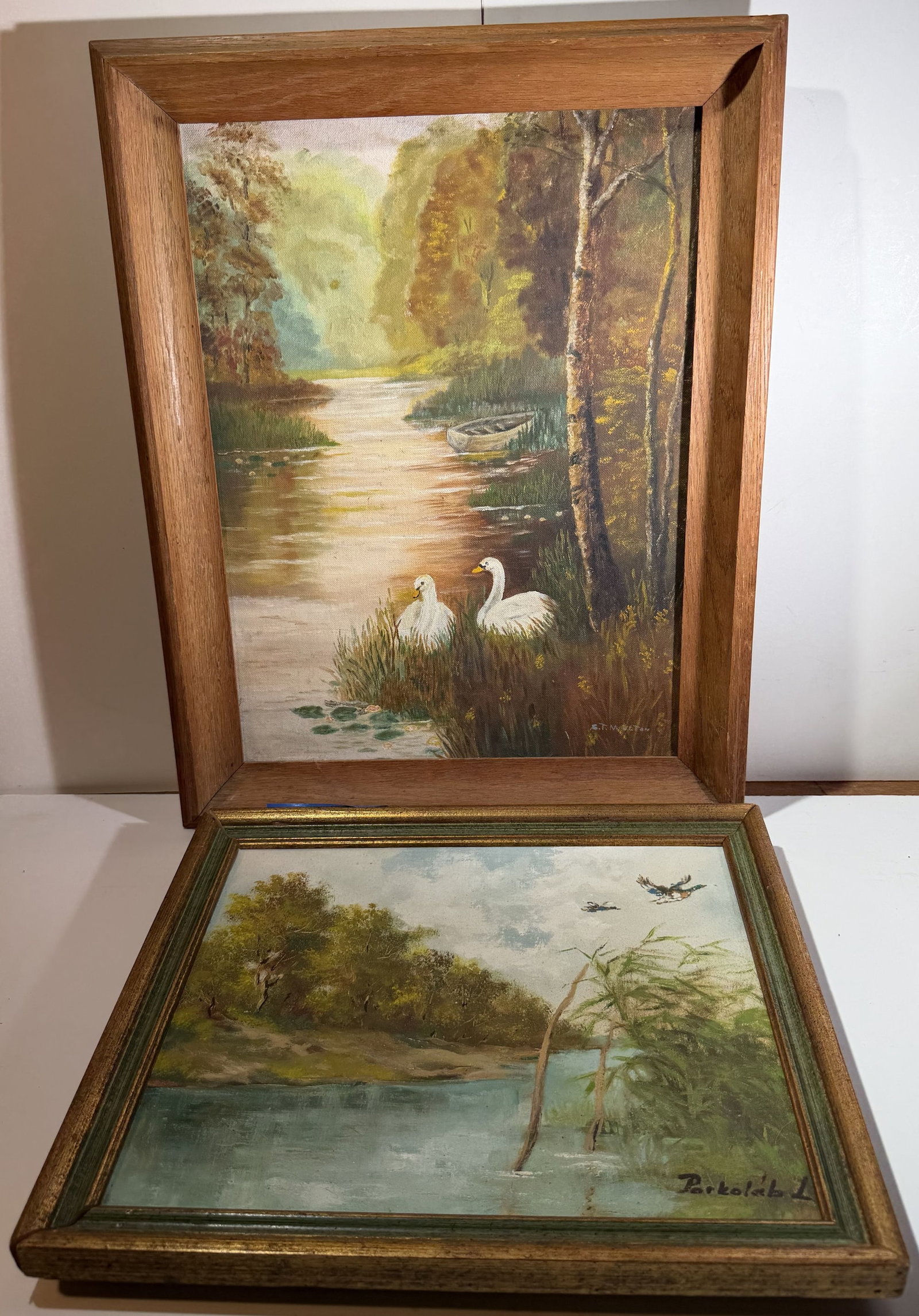 Two American School Paintings, River Landscapes with Birds, Indistinct Signature: Each signed. The largest 18 3/4 by 14 3/4 inches overall. Weight: 3 lbs. 3 oz.