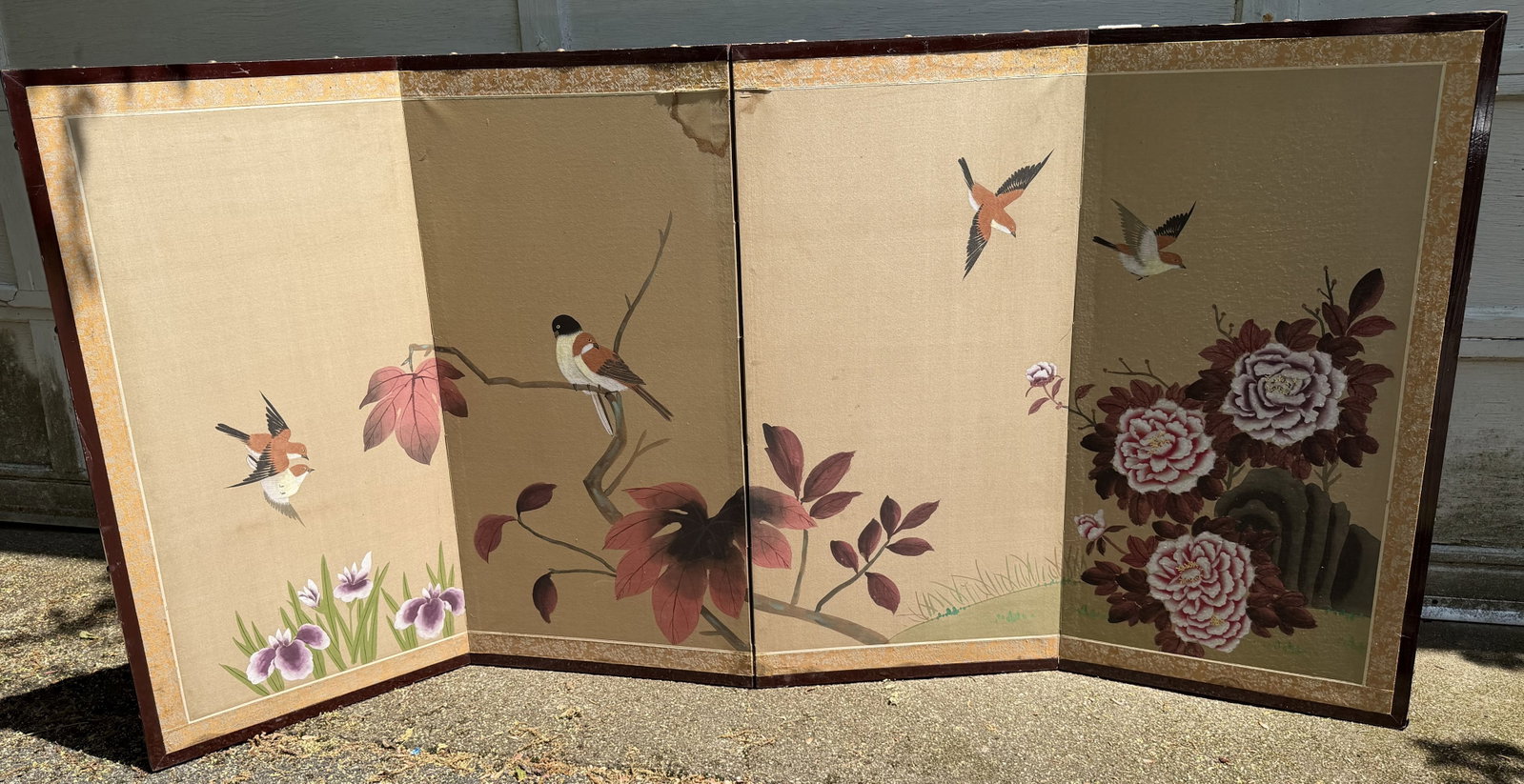 Japanese Four Panel Screen with Sparrows and Flowers (1 of 4)
