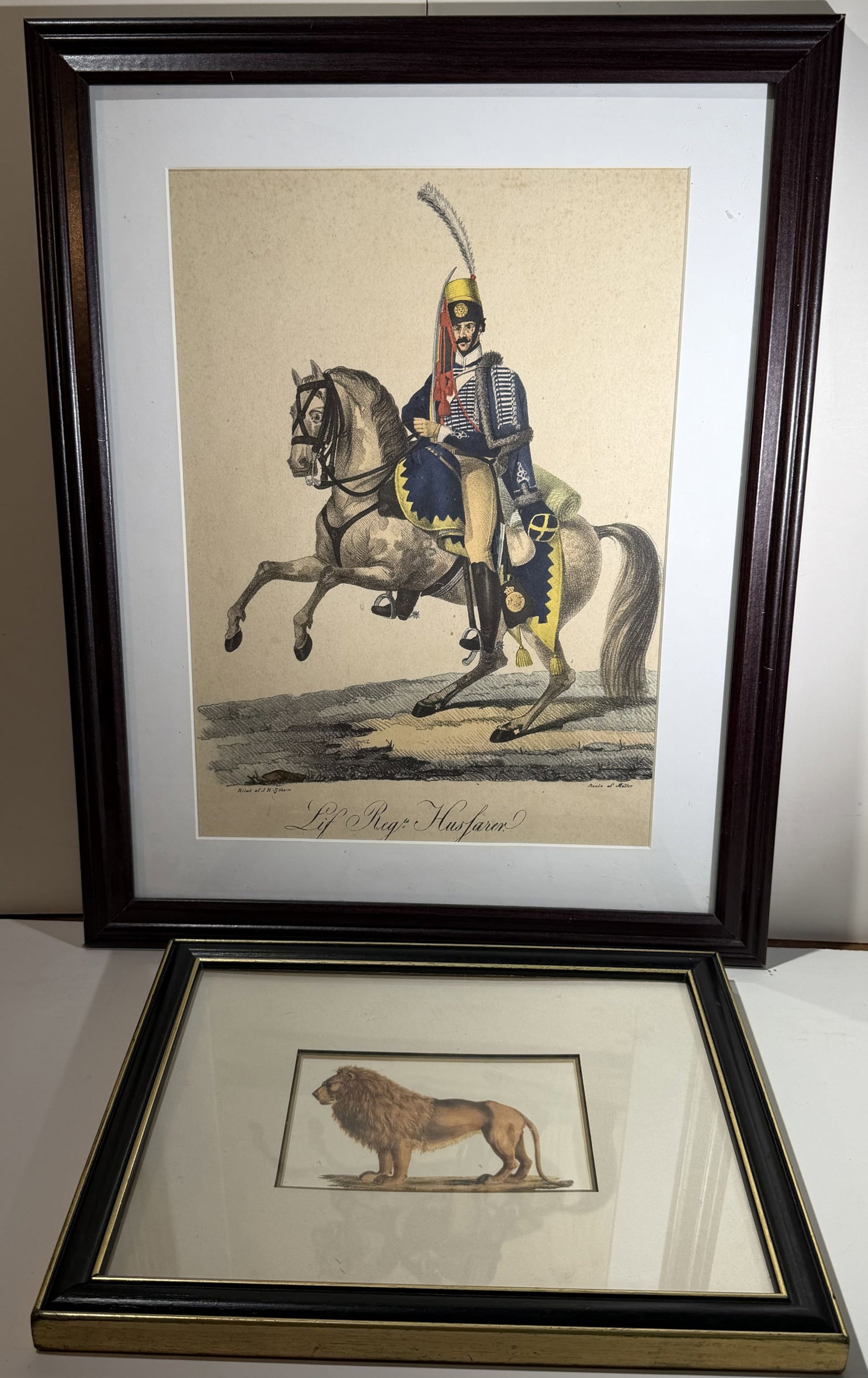 Two Early Lithographs, including a German Lithograph of a Mounted Military Officer: Titled Lif Reg. Husfarn; together with a lithograph of a lion. The largest 20 by 16 inches. Weight: 5 lbs. 4 oz. Total. This item is at our New York location.