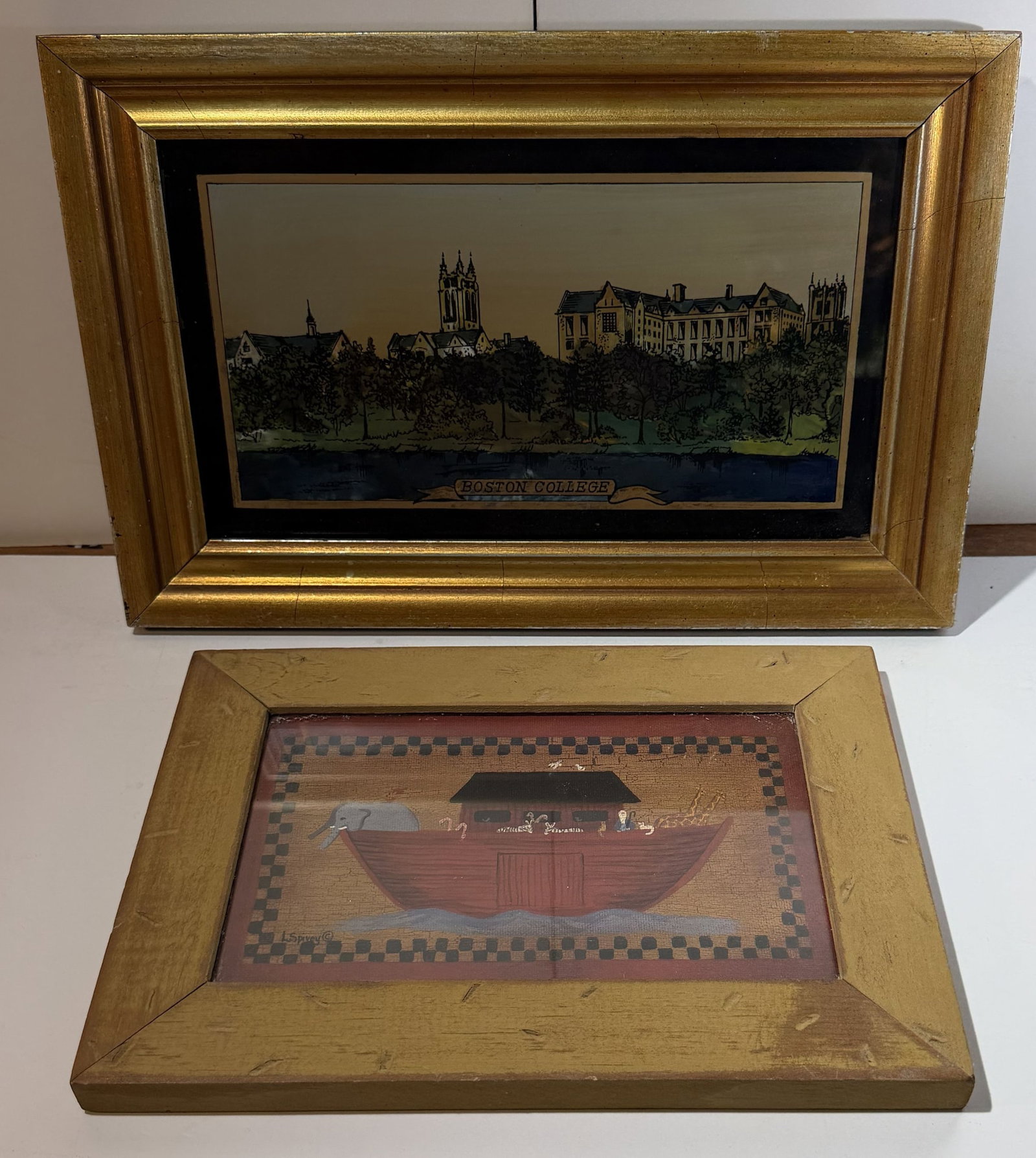 Two Framed Images, including an Antique Reverse Glass Painting of Boston College: Together with a Folk Art Decoration. The reverse glass painting overall 9 3/4 by 14 1/2 inches. Weight: 2 lbs. 9 oz. This item is at our New York location.