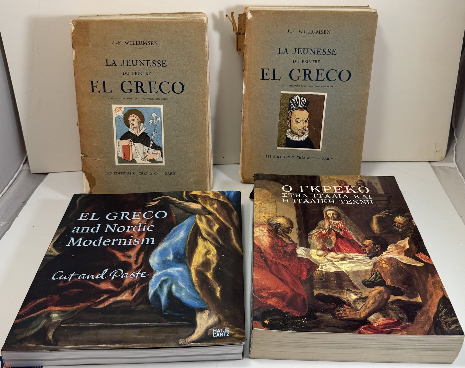 Four Books on El Greco, including J F Willumsen la Jeunesse du Peintre. El Greco: J.F. Williumsen, La Jeunesse du Peintre El Greco, 1927, vol. I and II. Ed. Anne Gregersen, El Greco and Nordic Modernism, Hatje Cantz, 2023. A Book in Greek, Athens, 1995. Two books 7 1/2 x 10 1/2 inc