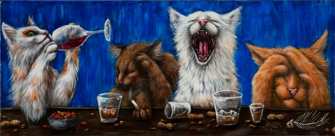 CHARLOTTE JORDAN, Drinking Cats, overpaint on canvas (1 of 1)
