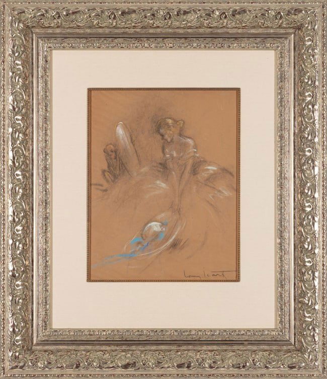 LOUIS ICART, GIRL WITH HAT and MONKEY, Pastel on paper: This is an exquisite original untitled: Description: Girl with Hat, and Monkey holding the mirror. It is an original Pastel on brown paper. The size of the image is 19 x 15 inches. The frame is 38 x 3