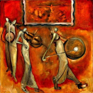 NATASHA TUROVSKY, Four-Forty, print on canvas: This Piece title refers to the clock. It shows 4:40, which means time to play. All the lead musicians are marching behind the drummer. On the top middle is another painting showing the conductor is