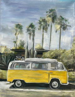 YASEMEN ASAD, VW Camper, mixed media on canvas: Yasemen Asad is a contemporary pop-artist based in Southern California, who draws inspiration from multiple styles such as abstract, impressionism, and pop-art as well as artists like Frida Kahlo,