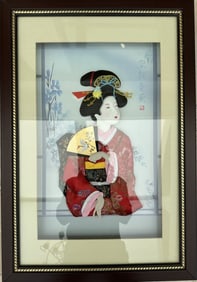 TWO JAPANESE PORCELAIN BAS RELIEF GIRL AND MAN