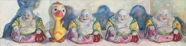 VICKI CHELF, FOUR BUDDHAS AND A DUCK, Print on canvas