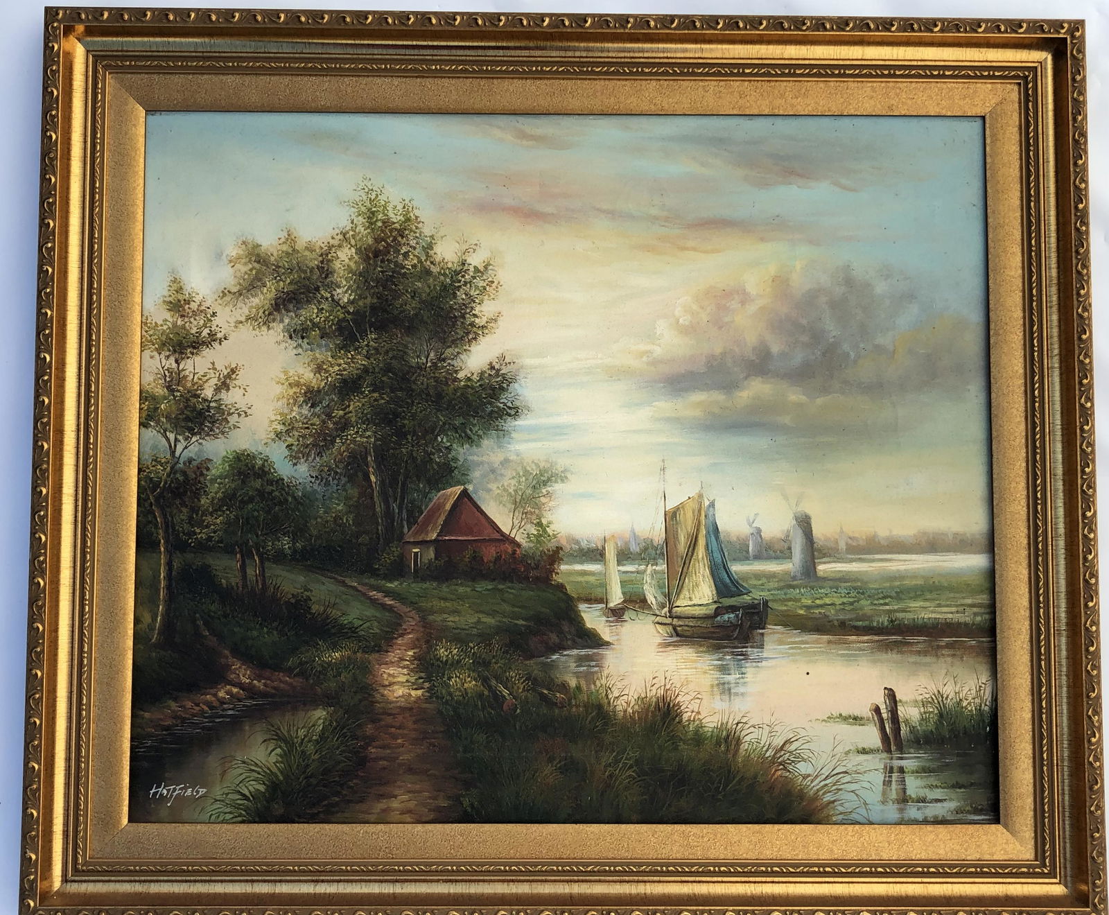 Original Oil On Canvas Painting, Ships On River Oil on (1 of 5)
