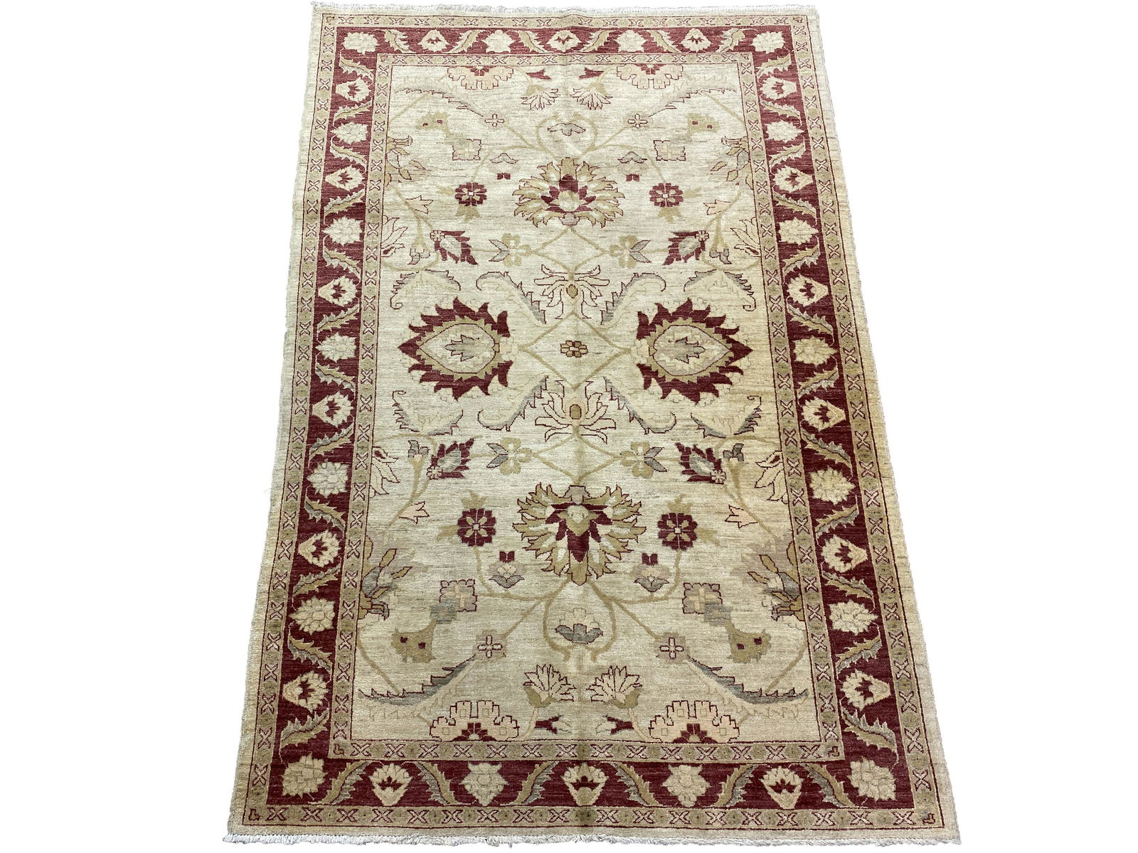 Pakistani Peshawar Rug (9'-5" x 6'-2"): Hand-made Peshawar rug with vegetable dye style. Rich and yet muted colors to make it easy to use with any decor.Great Condition -