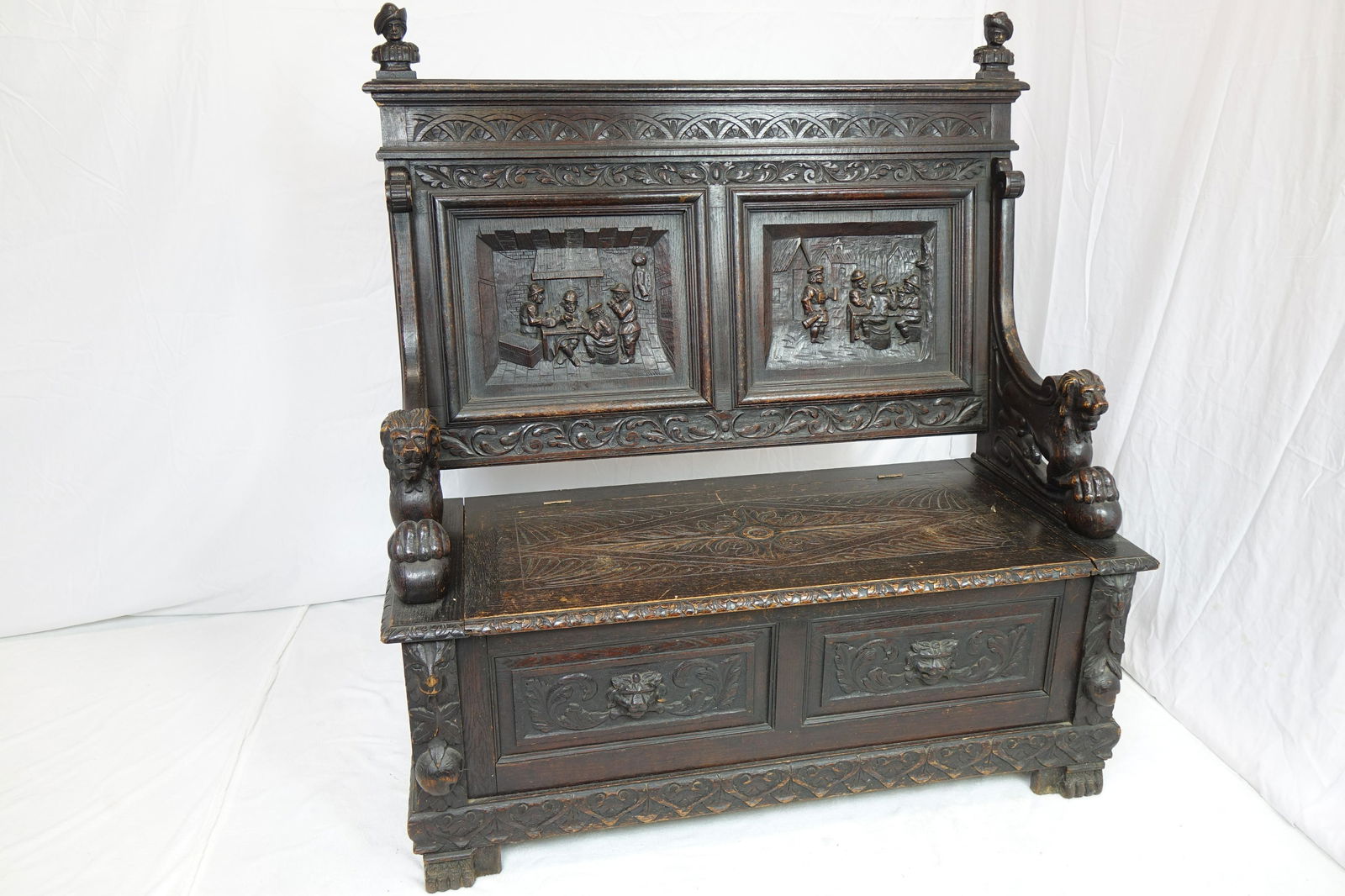 Antique Gothic Bench (49" x 24" x 53"): Amazing Gothic bench with incredible detail work from the 19th Century. It has storage under the seat. Very collectible.Great Condition - (see pictures)All the touch-ups will be done before shipping o