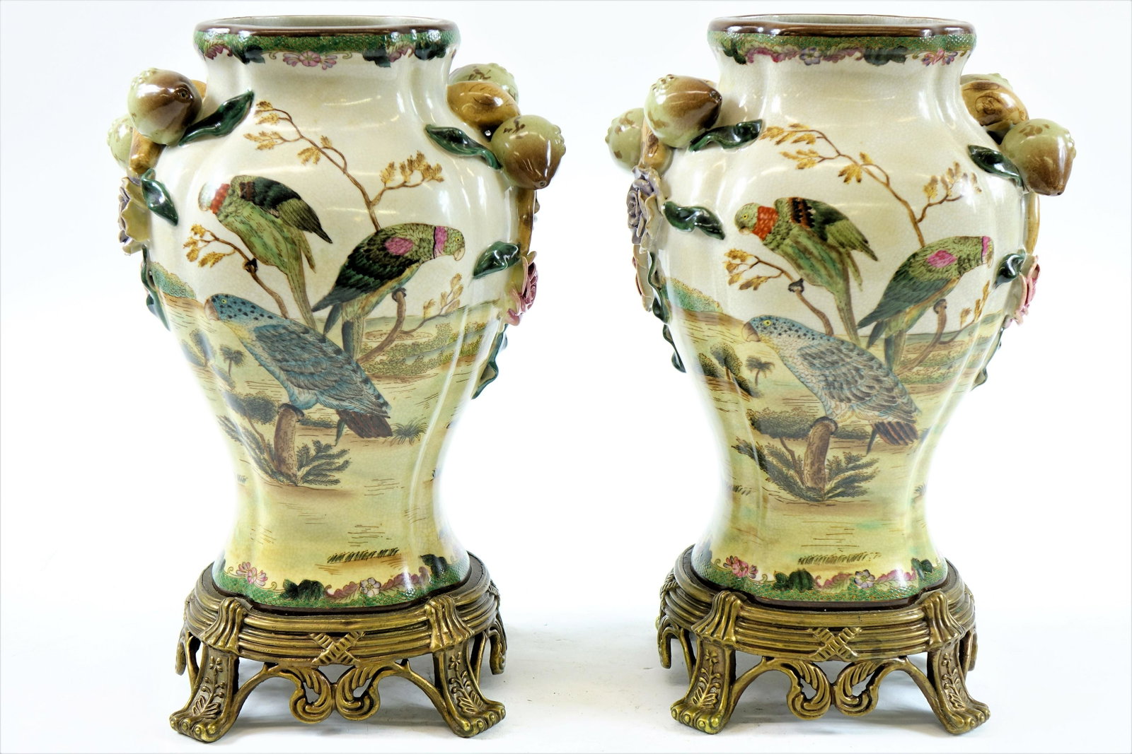 Pair of Vintage Chinese Hand Painted Decorative Vases with Metal Stands: Pair of Vintage Chinese Hand Painted Decorative Vases with Metal Stands - H 14.75" x W 7" x L 14.25"