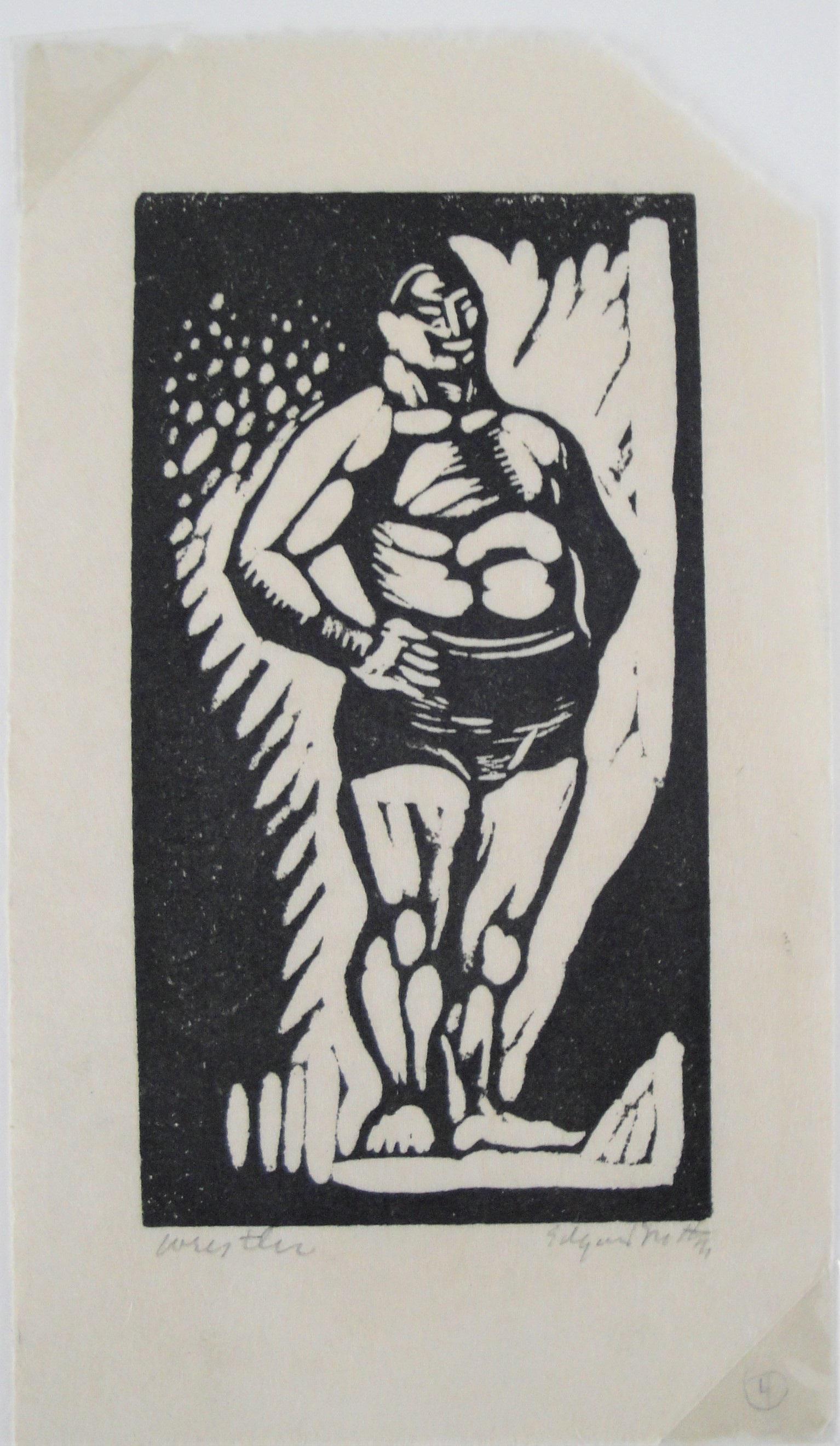 Edgar Britton (CO, IL, NE 1901 - 1982) Woodblock Print.: Woodblock Print titled "Wrestler", number 4, signed titled and numbered in pencil, 3 1/2 x 6 3/8 in.