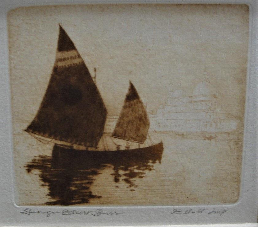 George Elbert Burr (1859 – 1959) – Etching: Sailboat on the mediteranian with church in the background, c. 1919, etching 2 7/8 X 2 1/2 in., housed in a new 8-ply matt (9 7/8 x 10 1/4 in.), signed in pencil lower left, annotated “Del et im