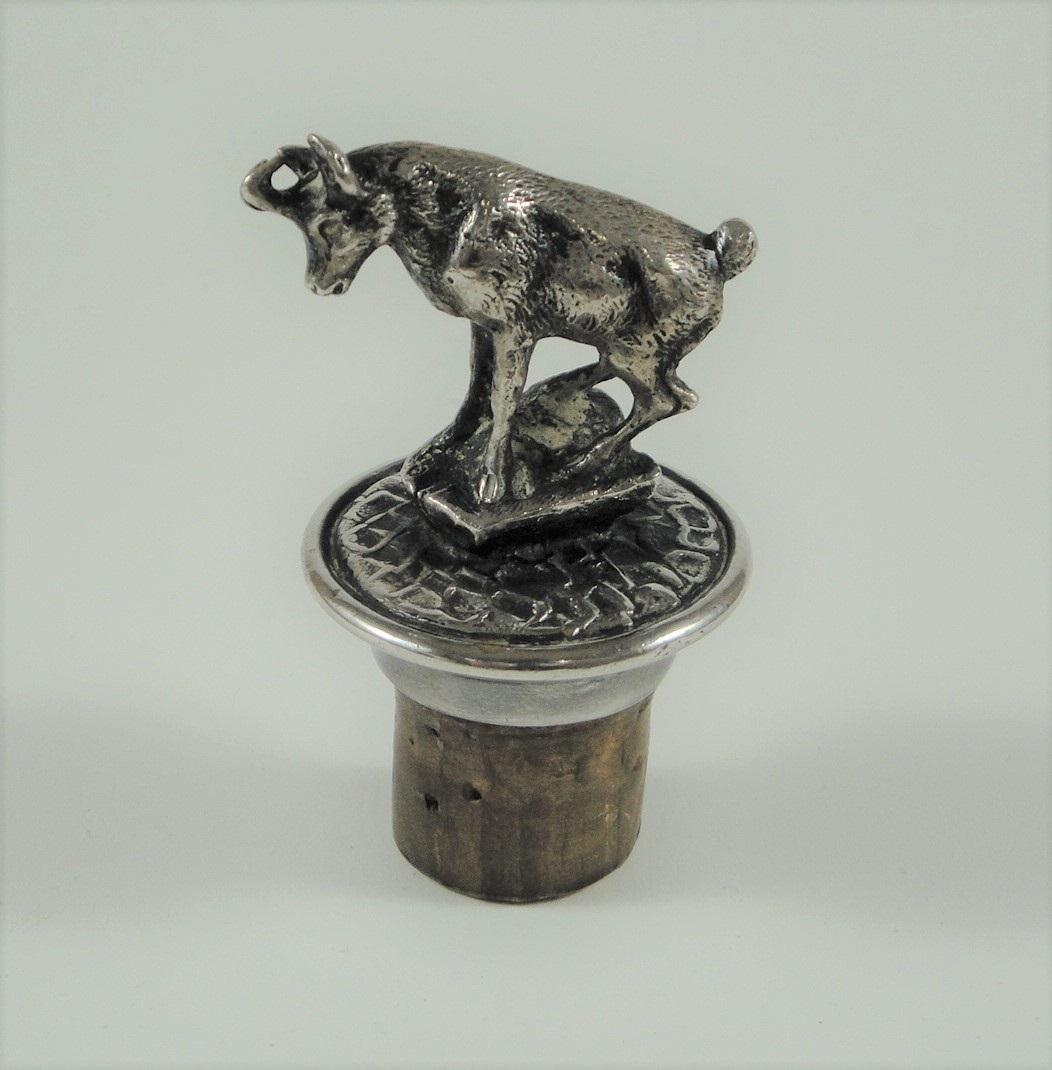 Vintage, Liqueur Bottle Stopper: Mountain Goat with: This wonderfully detailed rendering of a Mountain Goat on a rocky ledge was produced by the Arthur Krupp Company and displays the German hallmark of the “Arthur Krupp Company” used between