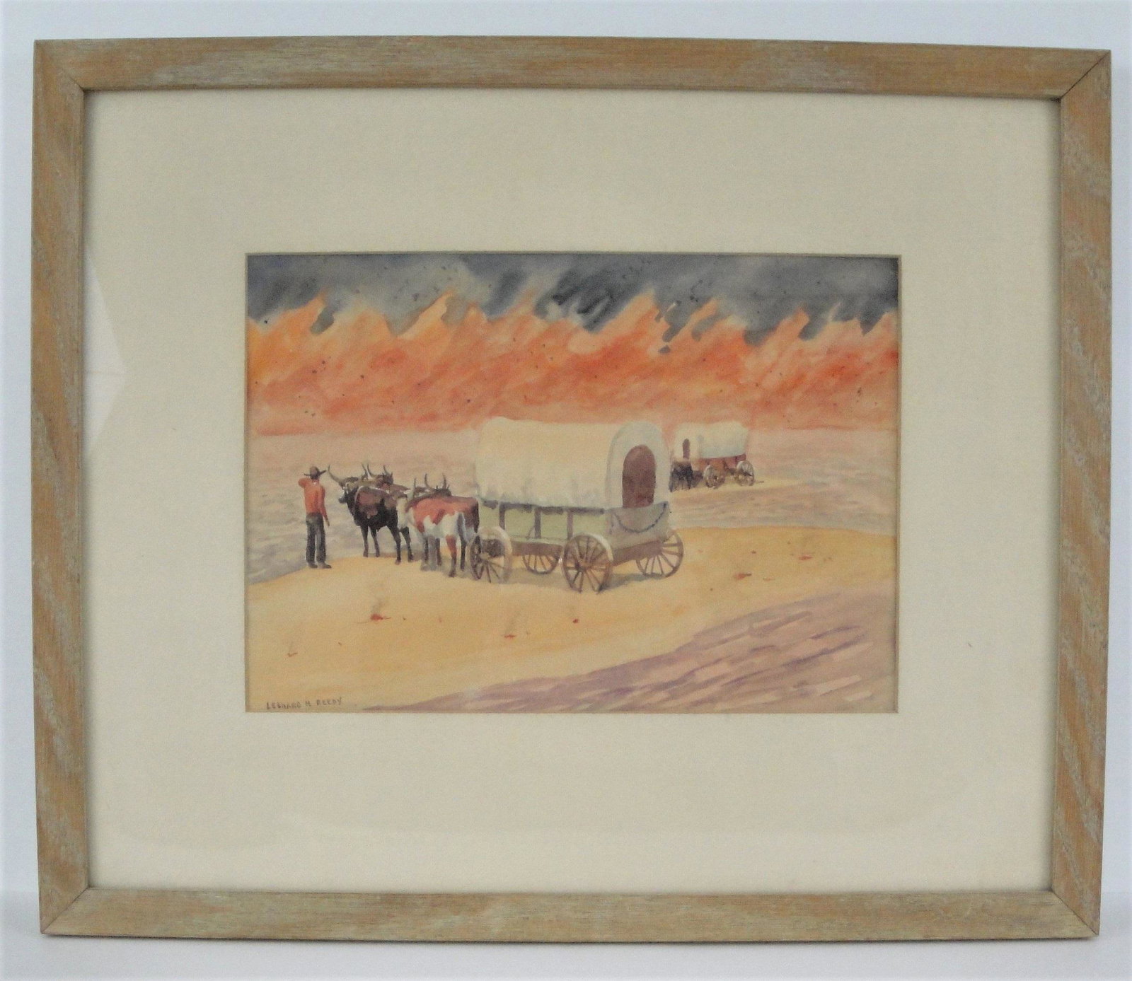 Leonard H Reedy (1899 - 1956), "Fire on the Prarie".: Water color, 7 1/2 x 11 in. sight, signed lower left, circa 1930.
