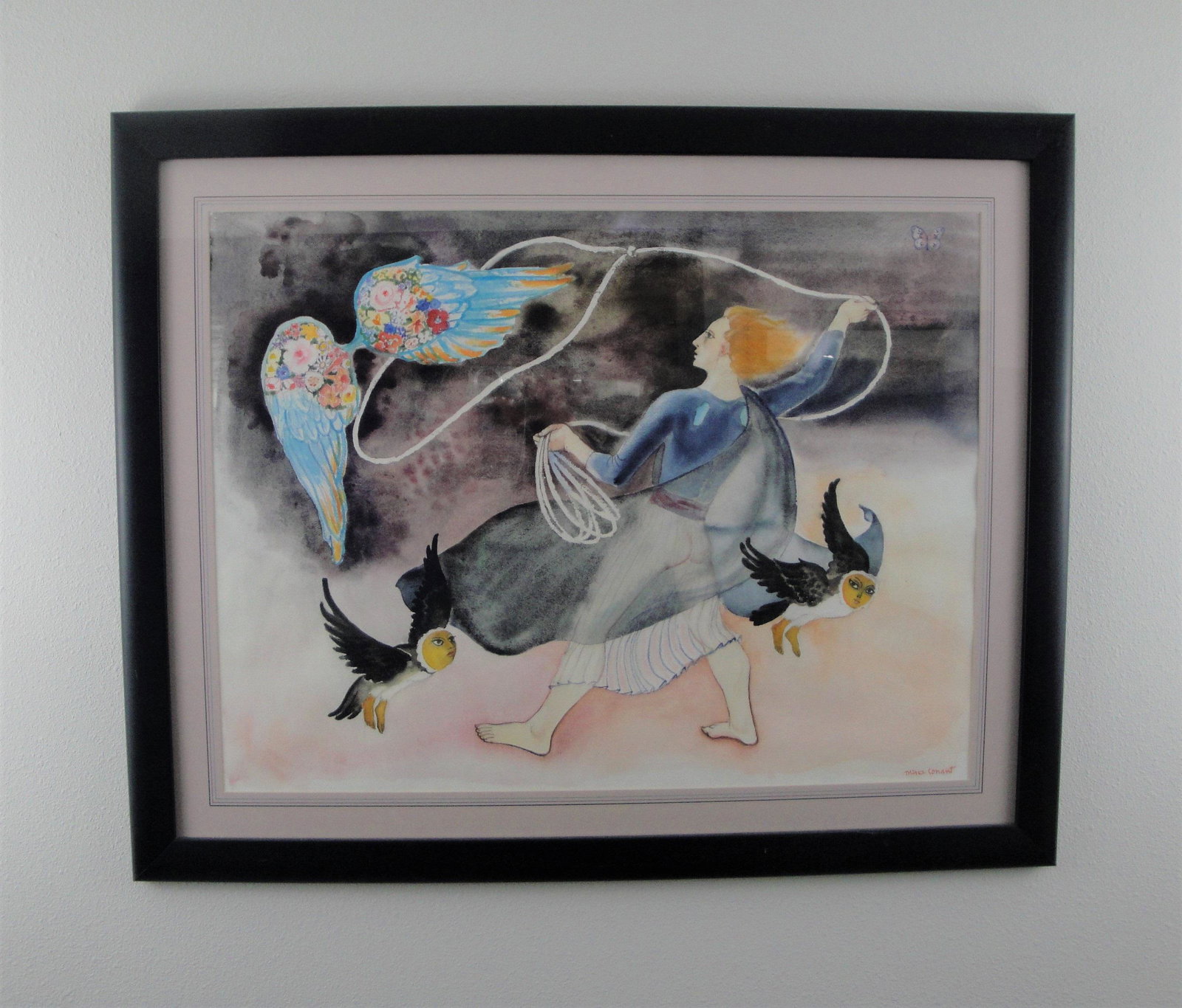 Mina Conant (CO, 1910 - 1999), "Lassoing Wings" water: Large, nicely framed water color, circa 1970, 21 x 28 in. sight, 28 x 35 in. framed, signed lower right.