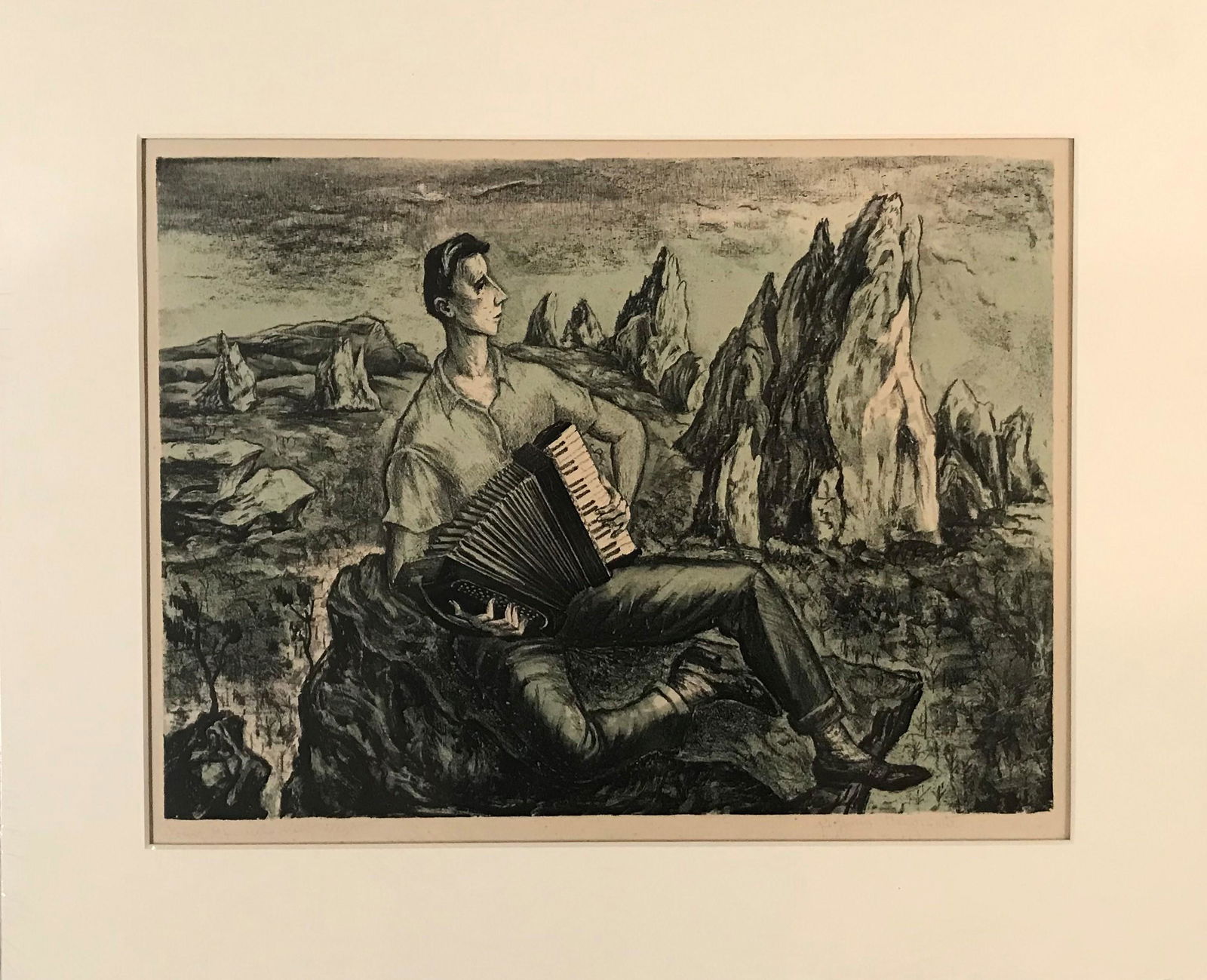 Peppino Mangravite (NY,CO, CT, 1896-1978) "A Young Man: A hand colored lithograph by Peppino Mangravite, signed lower right, titled lower left, size 12 x 15 3/4 in. sight, 17 x 20 3/4 in. matted, very good condition.